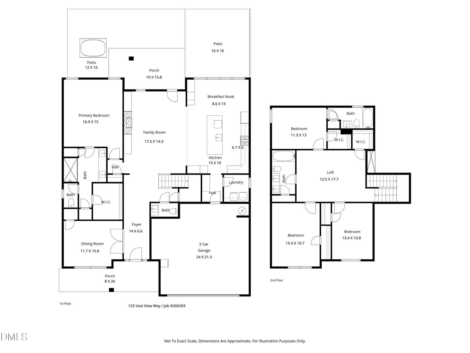 Black and white floor plan of a two-story house showing rooms including bedrooms, bathrooms, kitchen, dining room, family room, laundry, loft, porches, patio, and a two-car garage, with labeled measurements for each space.