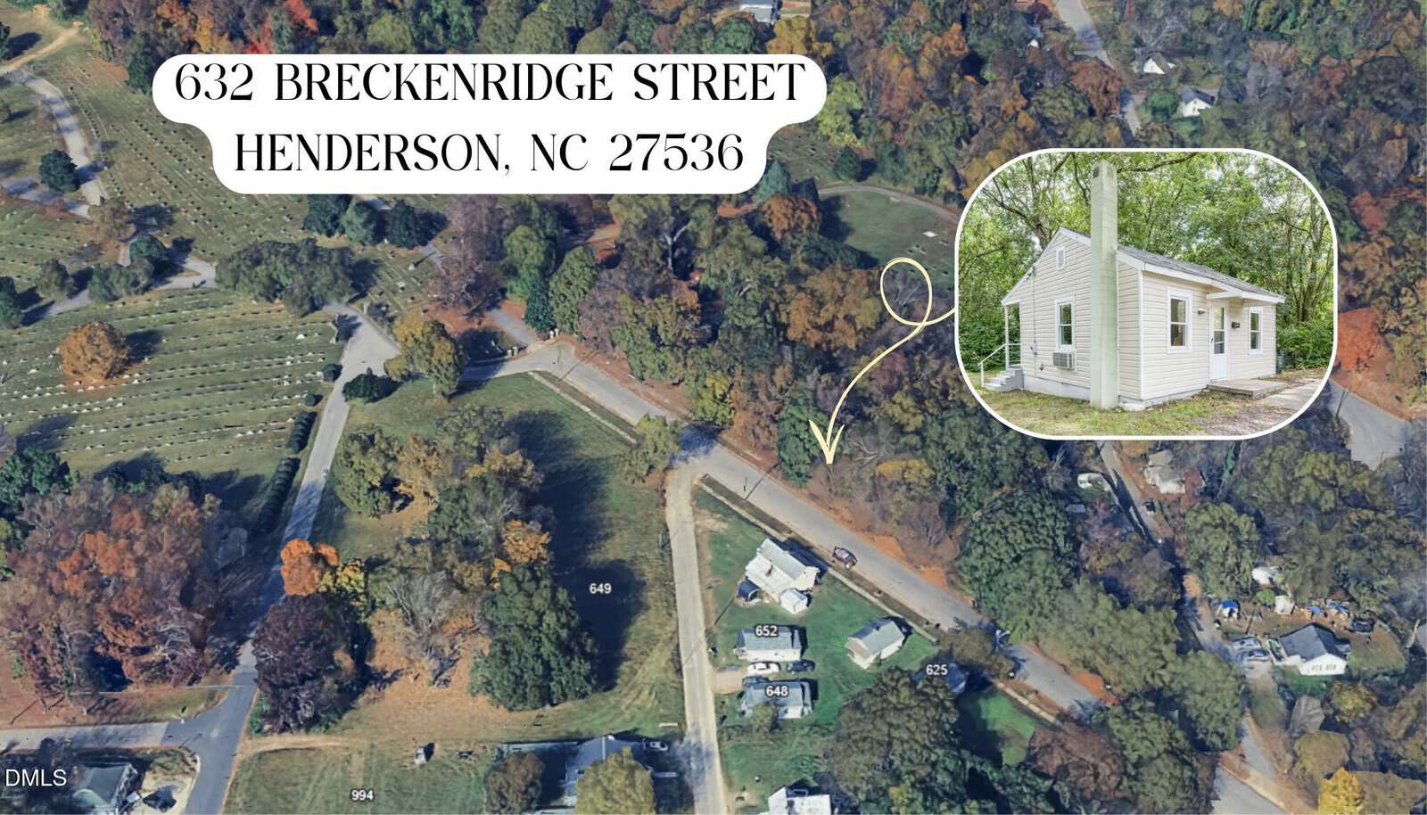 Aerial view of a residential neighborhood with trees; an inset shows a small white house. The address “632 Breckenridge Street, Henderson, NC 27536” is displayed in text at the top left.