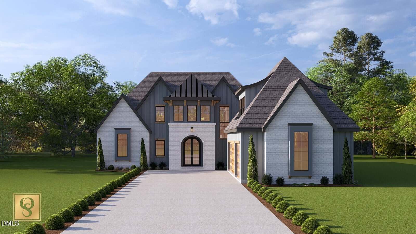 Two-story modern house at 60 Ashbrooke Falls Drive in Franklinton, featuring gray brick and dark trim, multiple peaked roofs, large windows, and a three-car garage. A long driveway leads to the entrance, with neatly trimmed bushes lining the front. Trees and grass surround the home, creating a welcoming atmosphere in this desirable neighborhood.