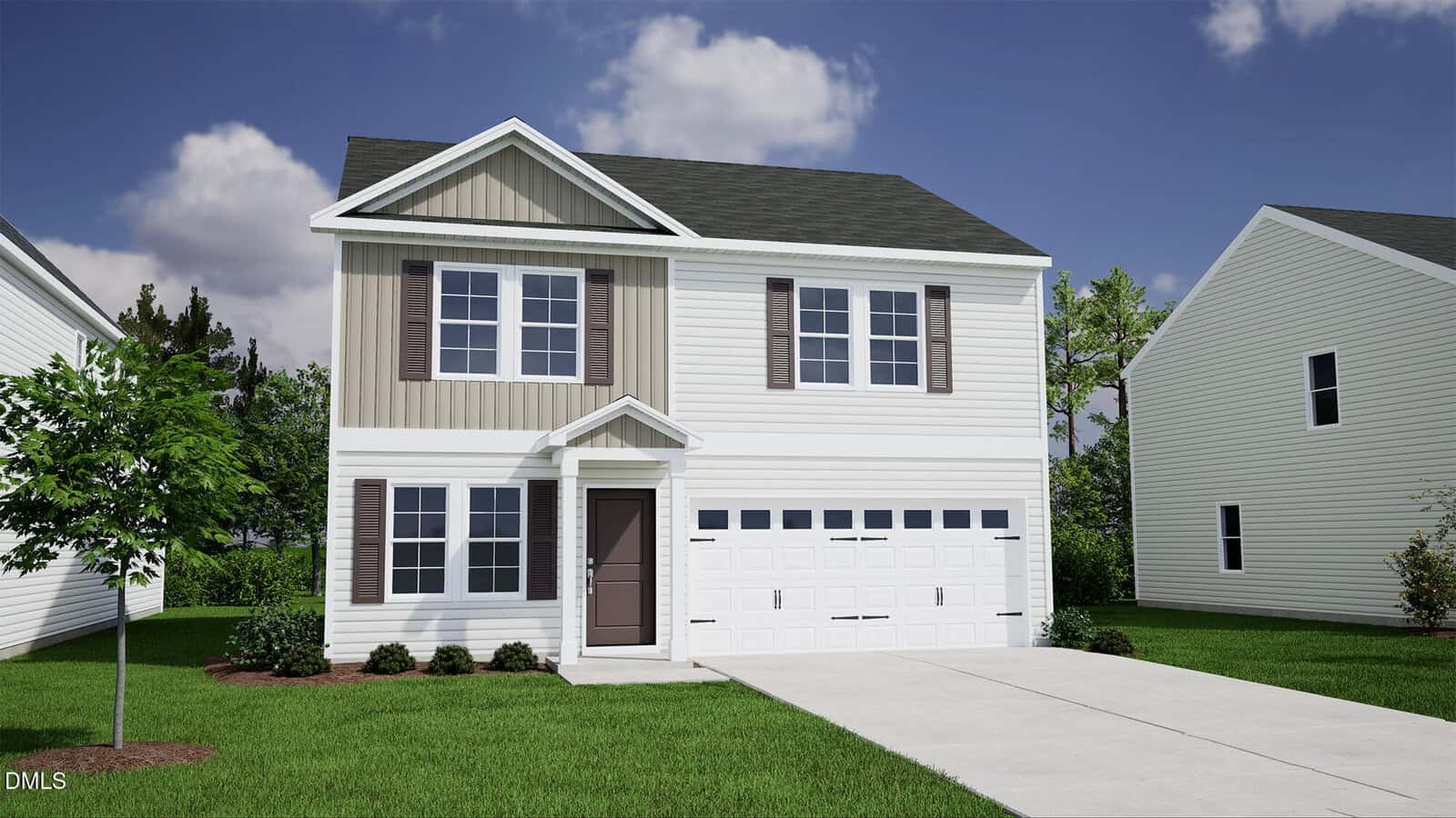 Two-story suburban house with white siding, gray accents, a front door with a small awning, double garage, and brown shutters. Located at 345 Buckthorn Drive in Youngsville, this home features a driveway and manicured lawn with shrubs and trees surrounding the property, with neighboring houses visible.