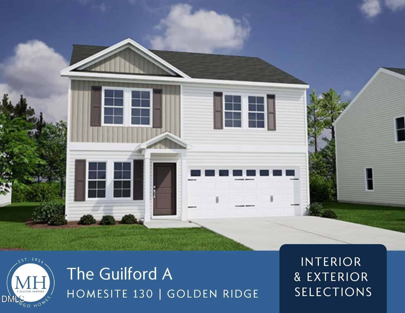 A two-story white and beige house with a double garage and manicured lawn. The image includes text: “The Guilford A, Homesite 130, Golden Ridge, Interior & Exterior Selections.”.