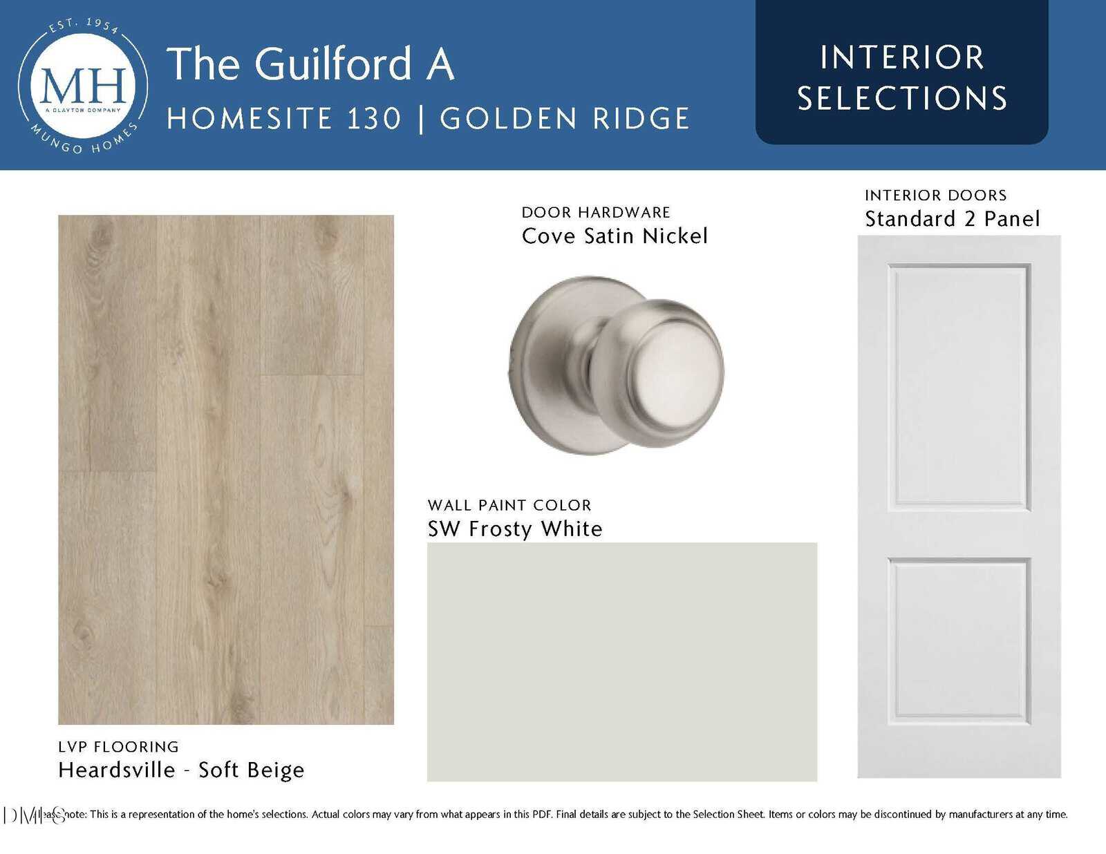 Interior design selections board showing light beige wood flooring, a satin nickel door knob, SW Frosty White wall paint, and a white two-panel interior door for The Guilford A at Golden Ridge.