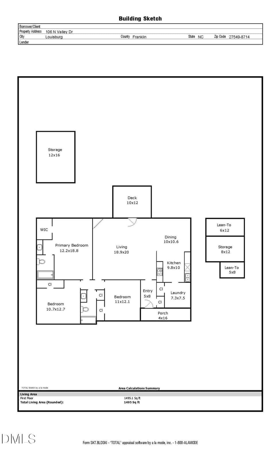 A floor plan of a house with three bedrooms, two bathrooms, living room, kitchen, deck, and multiple storage and lean-to areas. Room sizes and locations are labeled clearly.