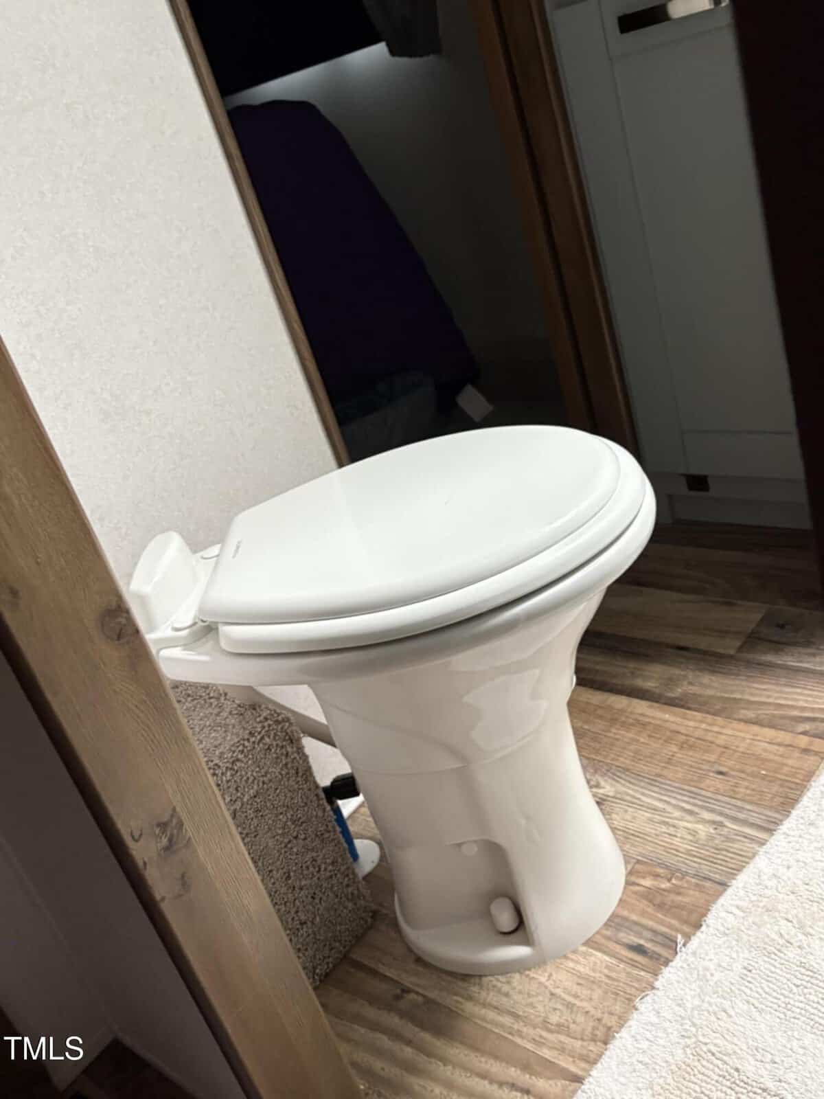 A white toilet with the lid closed is positioned on a wood-patterned floor in a small, enclosed bathroom space. Part of a cabinet and a beige carpeted step are visible nearby.