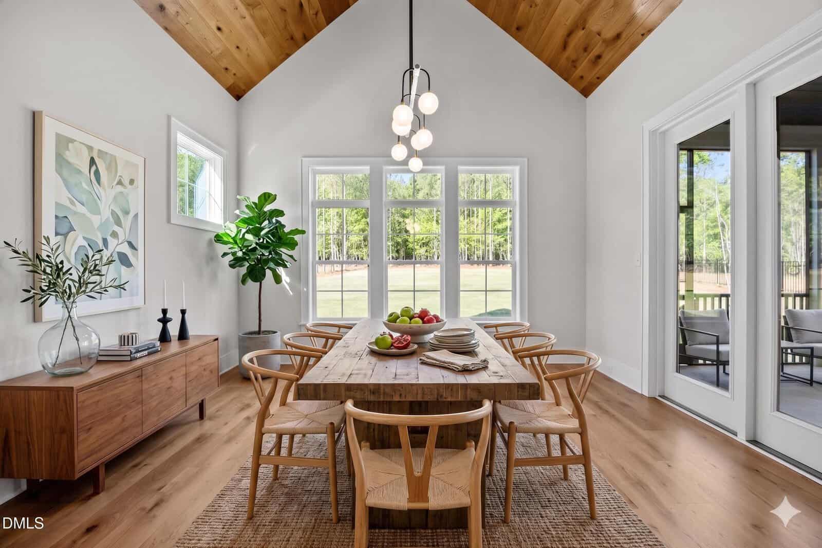 Dining room with a wooden table, eight chairs, and a bowl of fruit. Large windows let in natural light. A sideboard with decor, potted plant, modern chandelier, and artwork are also present. Floor and ceiling are wood.