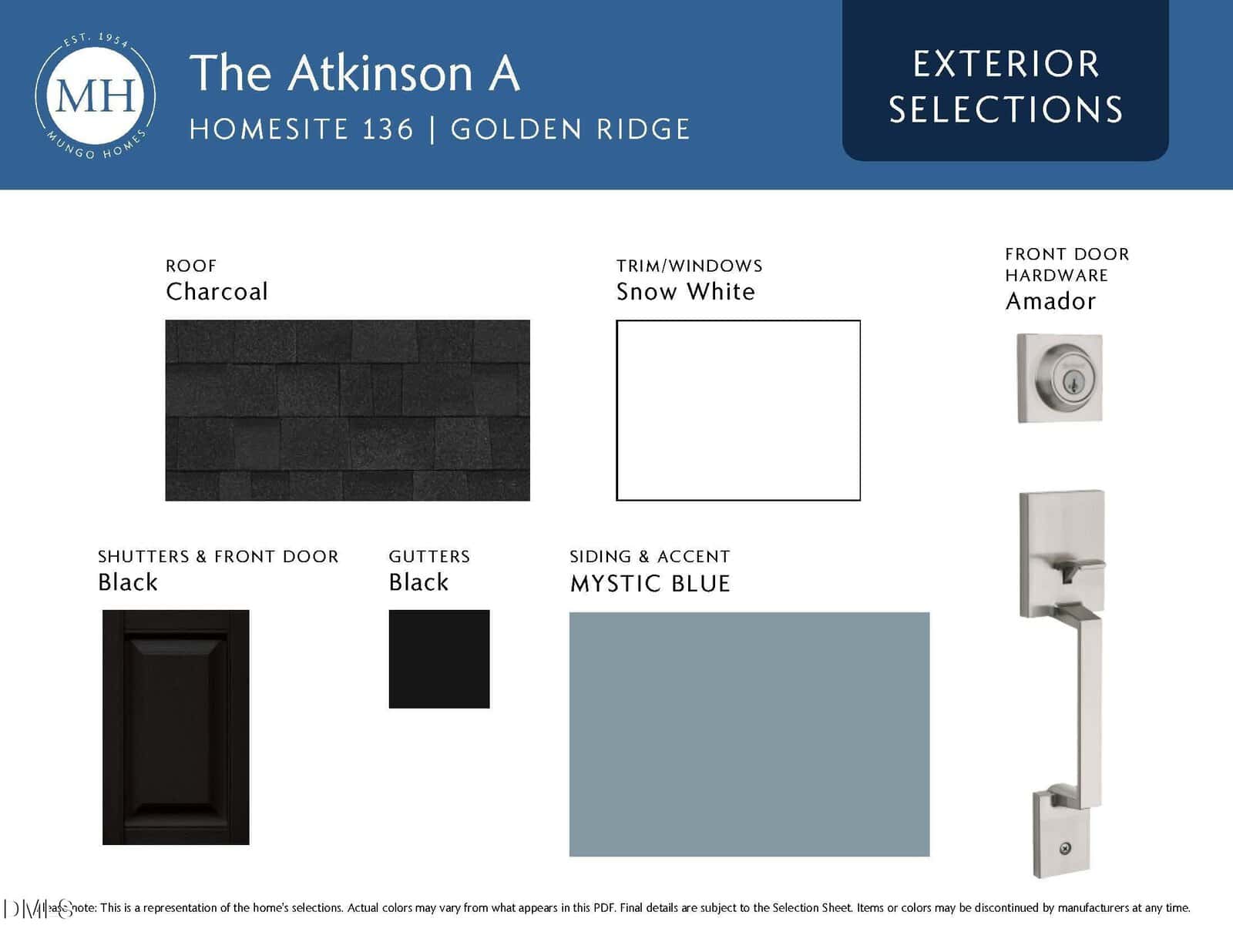 A selection board for "The Atkinson A" home exterior shows samples: charcoal roof, snow white trim/windows, black shutters, front door, and gutters, mystic blue siding/accent, and silver Amador front door hardware.