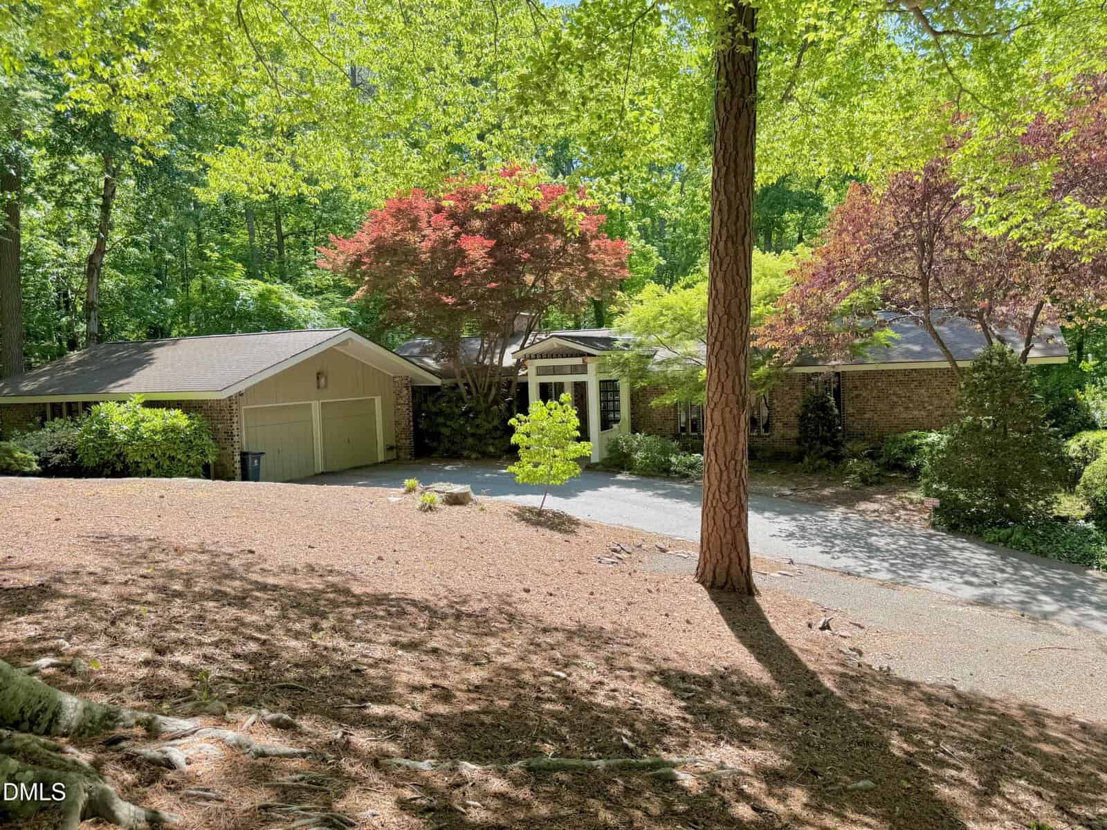 A single-story house at 206 Beechwood Trail in Henderson features a two-car garage, surrounded by lush green trees and shrubs, with sunlight filtering through the leaves onto the driveway and front yard.