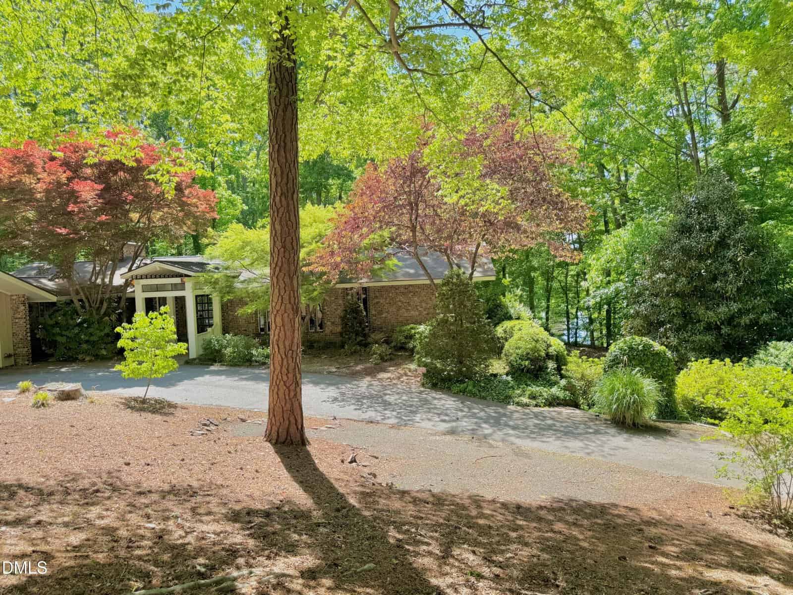A house with a brick exterior is partially visible behind tall trees and lush green landscaping in a sunlit yard. A driveway leads up to the entrance, surrounded by shrubs and mature foliage.