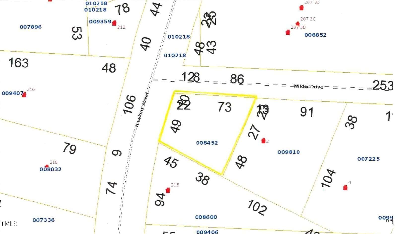 A map showing several numbered land parcels with boundary lines in Franklinton. Parcel 49, located near Wilder Drive and close to 0 Hawkins Street, is outlined in yellow. Nearby parcels are also labeled with numbers and red icons, and lot dimensions are shown in feet.