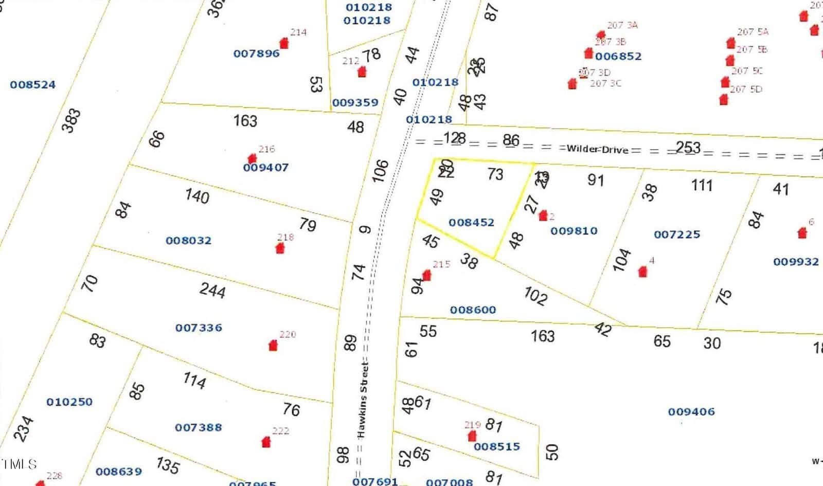 A map showing numbered land parcels with boundary lines, house icons, and blue and red numeric labels, intersected by Wilder Drive and Boulevard Street.