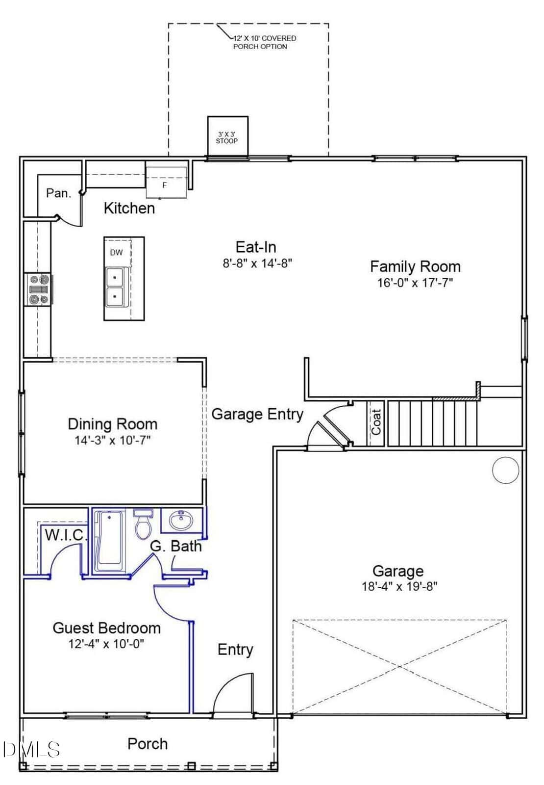 First floor layout shows a garage, family room, eat-in kitchen, dining room, pantry, guest bedroom, full bathroom, half bath, closets, porch, and entries. Optional covered porch is shown at the back. Stairway near garage entry.