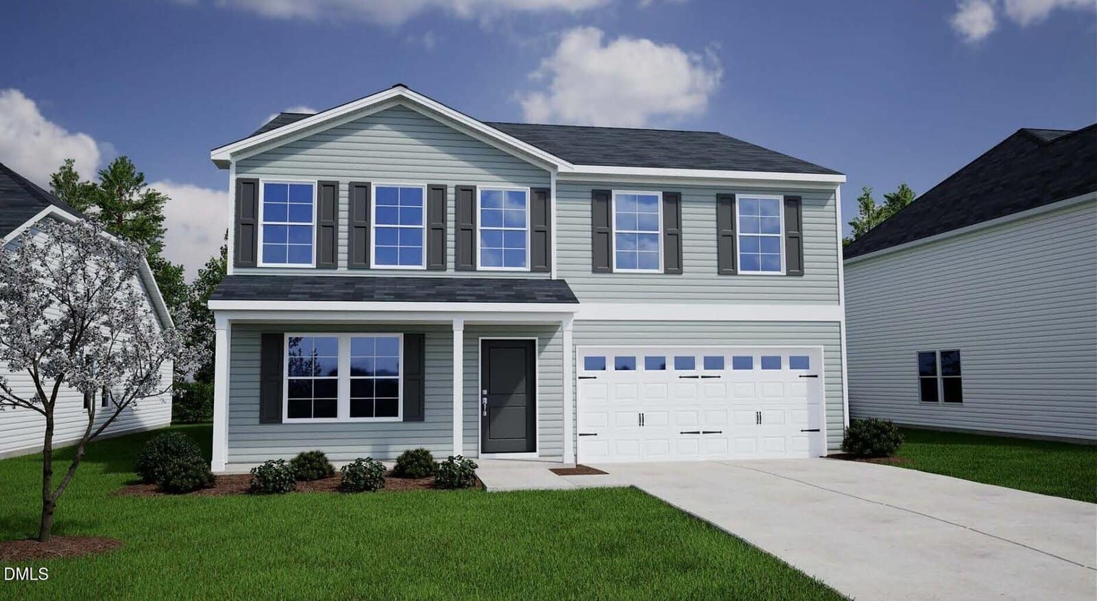 Charming two-story light gray house with white trim, black shutters, and a double garage located at 60 Buckthorn Drive in Youngsville. The front lawn is green, with small bushes near the foundation. The driveway leads to the street, and the sky is partly cloudy.