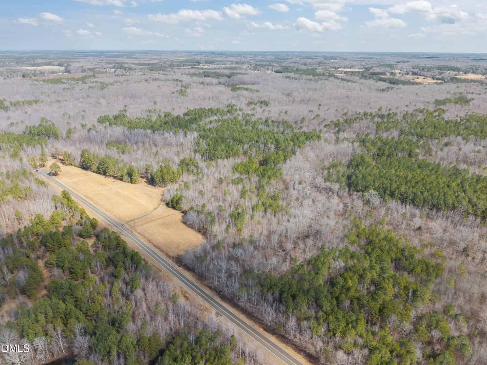 Aerial view of a rural landscape with a straight road running through a mix of green pine trees and leafless trees under a partly cloudy sky. Open fields and forested areas surround the road.