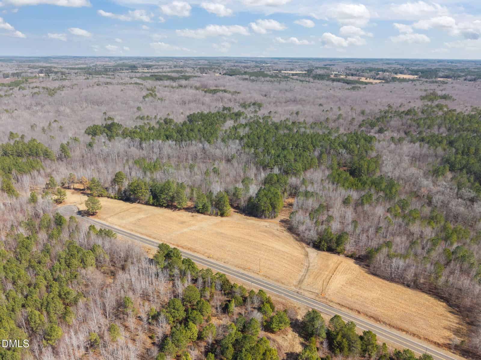Aerial view of a rural landscape with a paved road cutting through fields and dense forest. Trees appear mostly leafless, suggesting winter or early spring. The sky is partly cloudy. No buildings are visible.