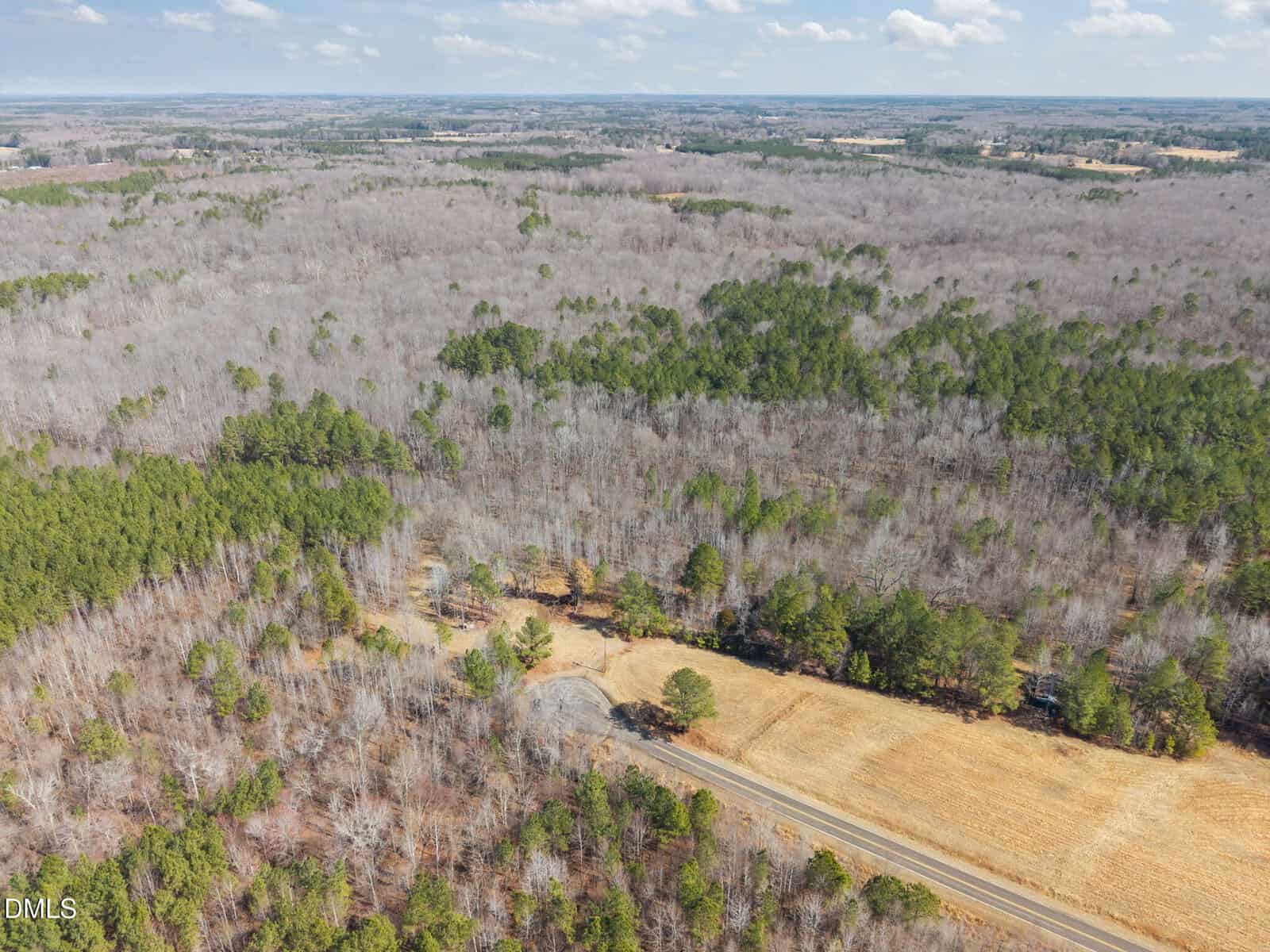 Aerial view of a rural landscape with a road running through forested and cleared land, featuring mostly leafless trees and patches of evergreen trees under a partly cloudy sky.