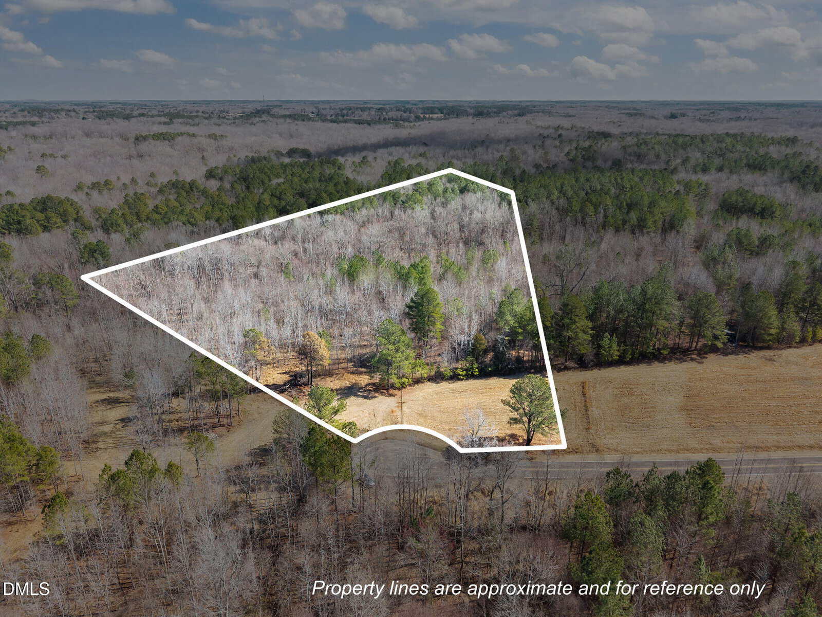 Aerial view of Lot 4 Collie Jones Road, Rougemont, with approximate property lines outlined in white. The wooded plot is surrounded by trees and adjacent to a road, featuring a mix of cleared and forested areas. Text notes that lines are for reference only.