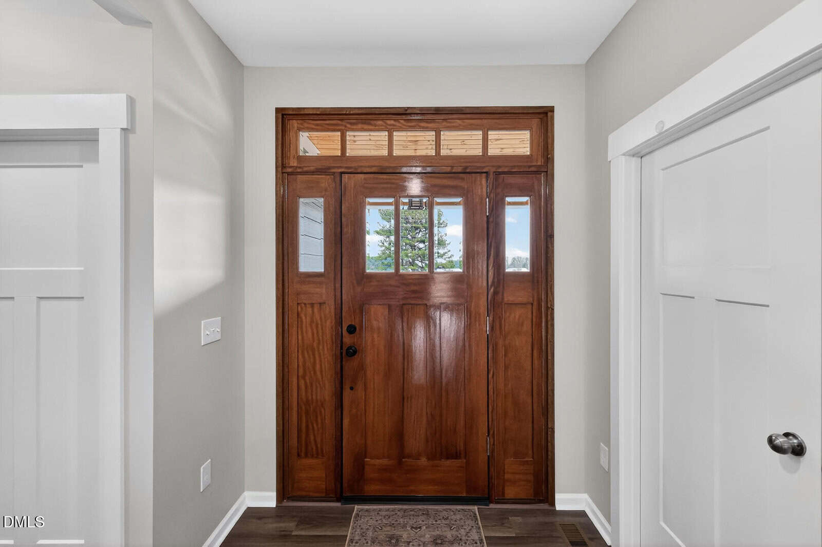 A wooden front door with glass panels and a transom window is centered in a hallway with light-colored walls, white trim, two white doors on either side, and dark wood flooring. A small rug is in front of the door.