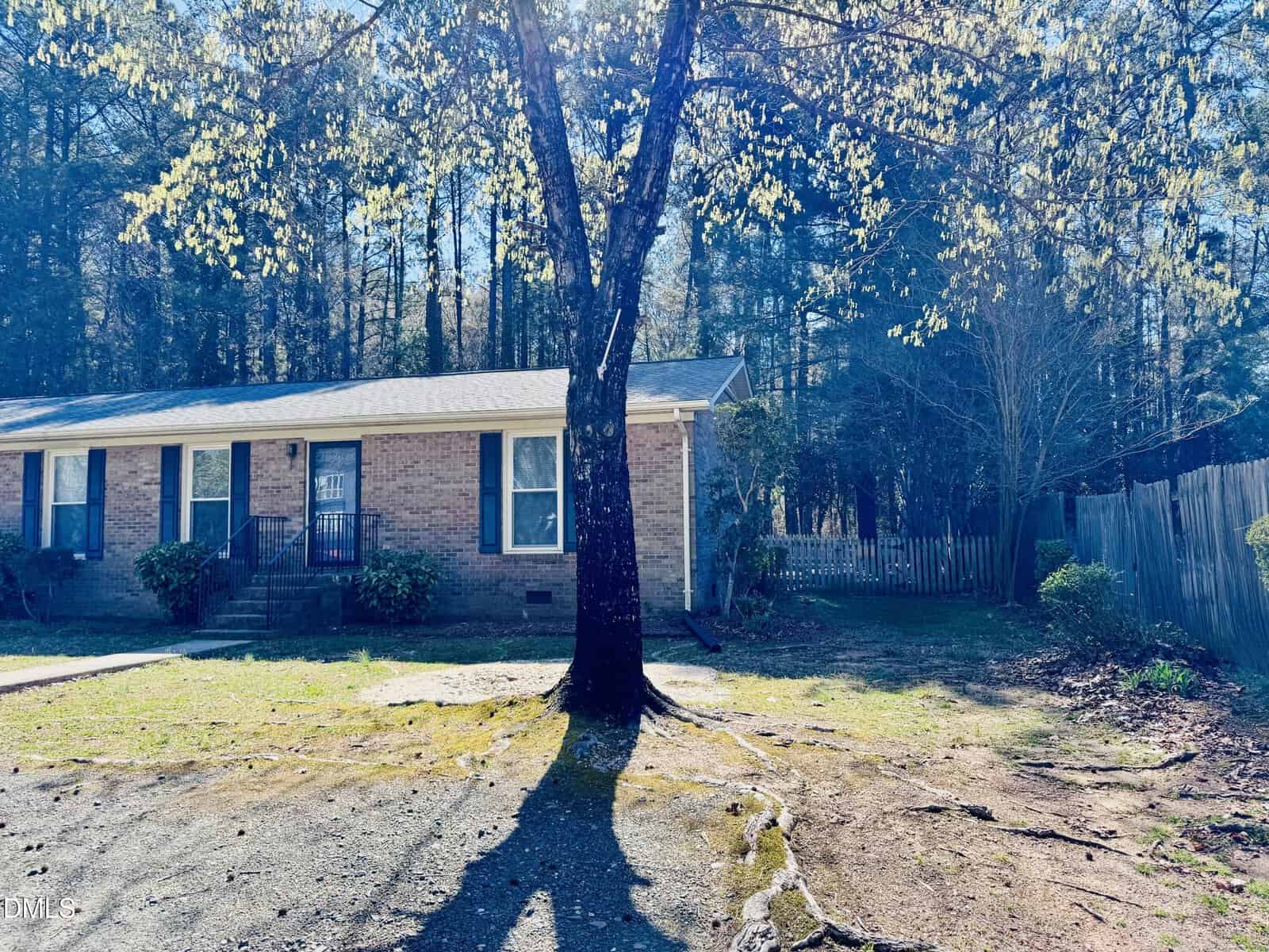 A brick house with a front porch and steps sits behind a large tree casting a shadow. There is a wooded area and a wooden fence in the background, with sunlight filtering through the trees.