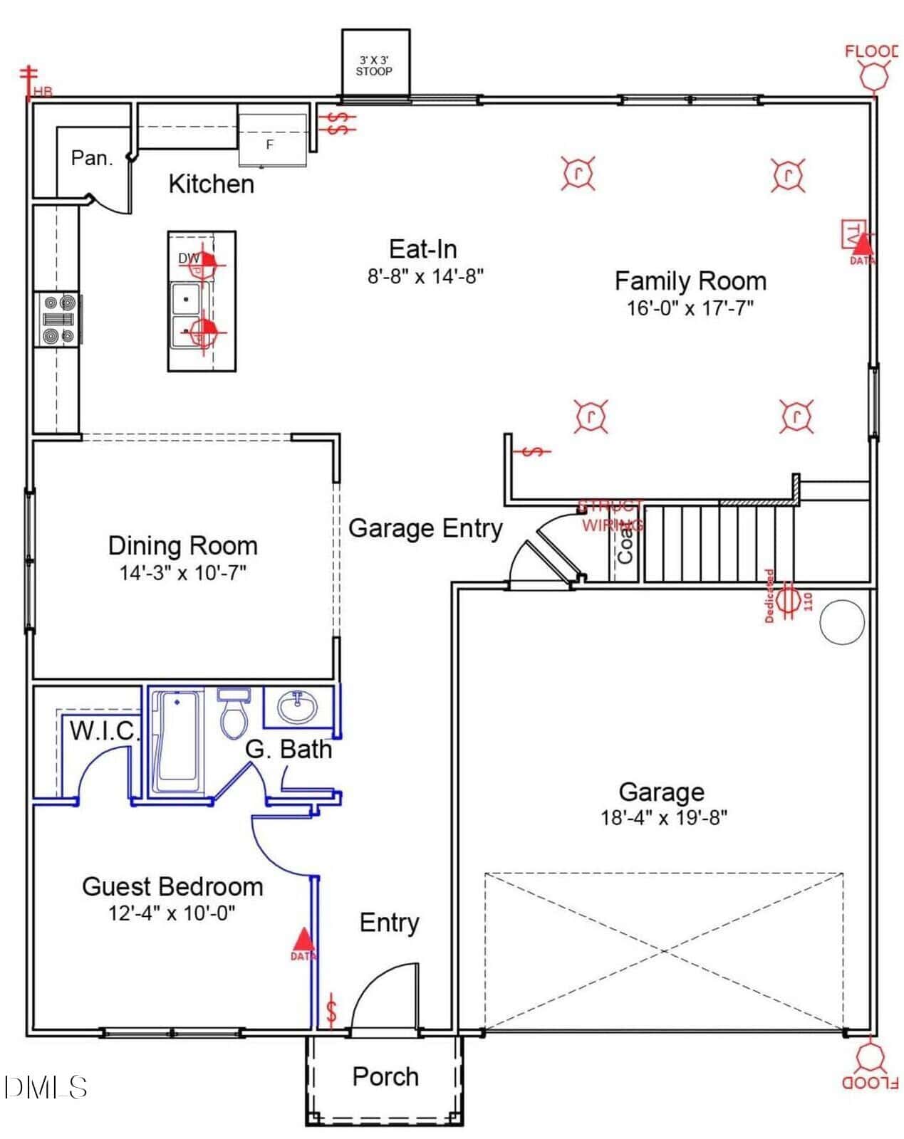 First floor house plan showing porch, entry, guest bedroom, guest bath, dining room, kitchen, eat-in area, family room, pantry, and a two-car garage with entries to the house; rooms and dimensions are labeled.