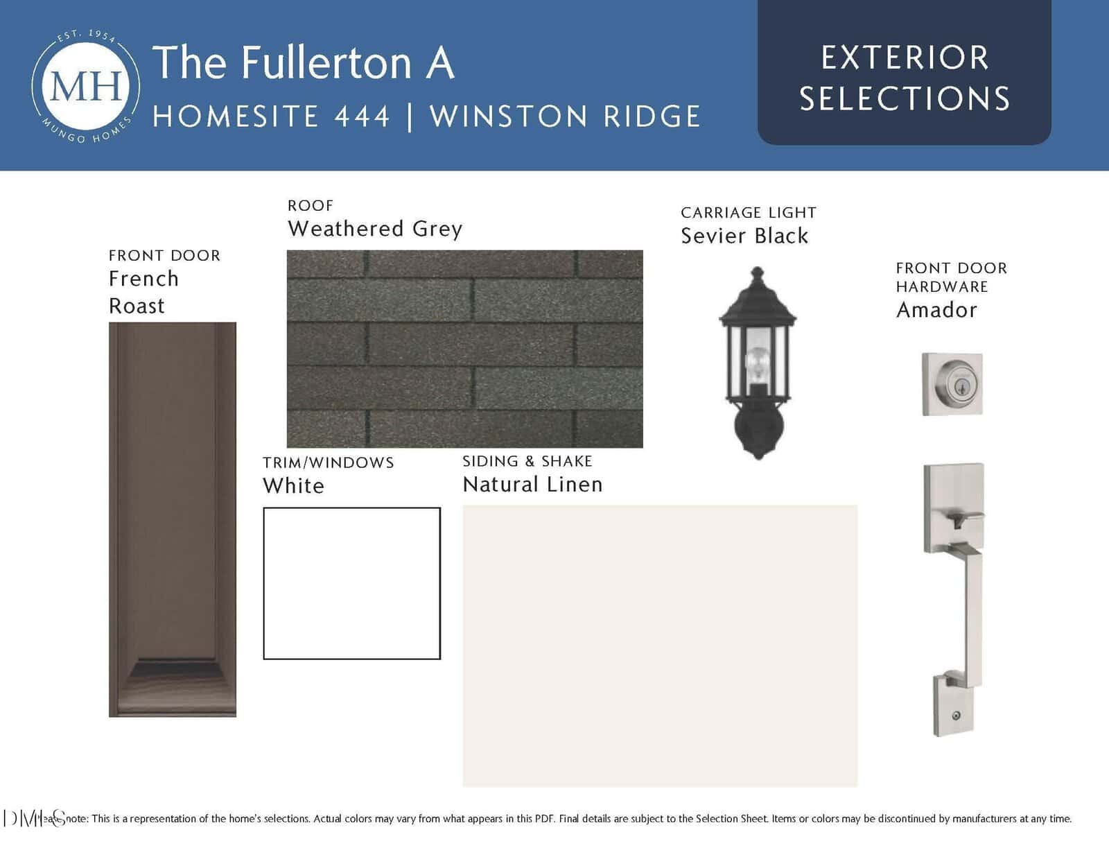 Exterior selections board for The Fullerton A, including a French Roast front door, Weathered Grey roof, Sevier Black carriage light, Amador door hardware, white trim/windows, and Natural Linen siding.