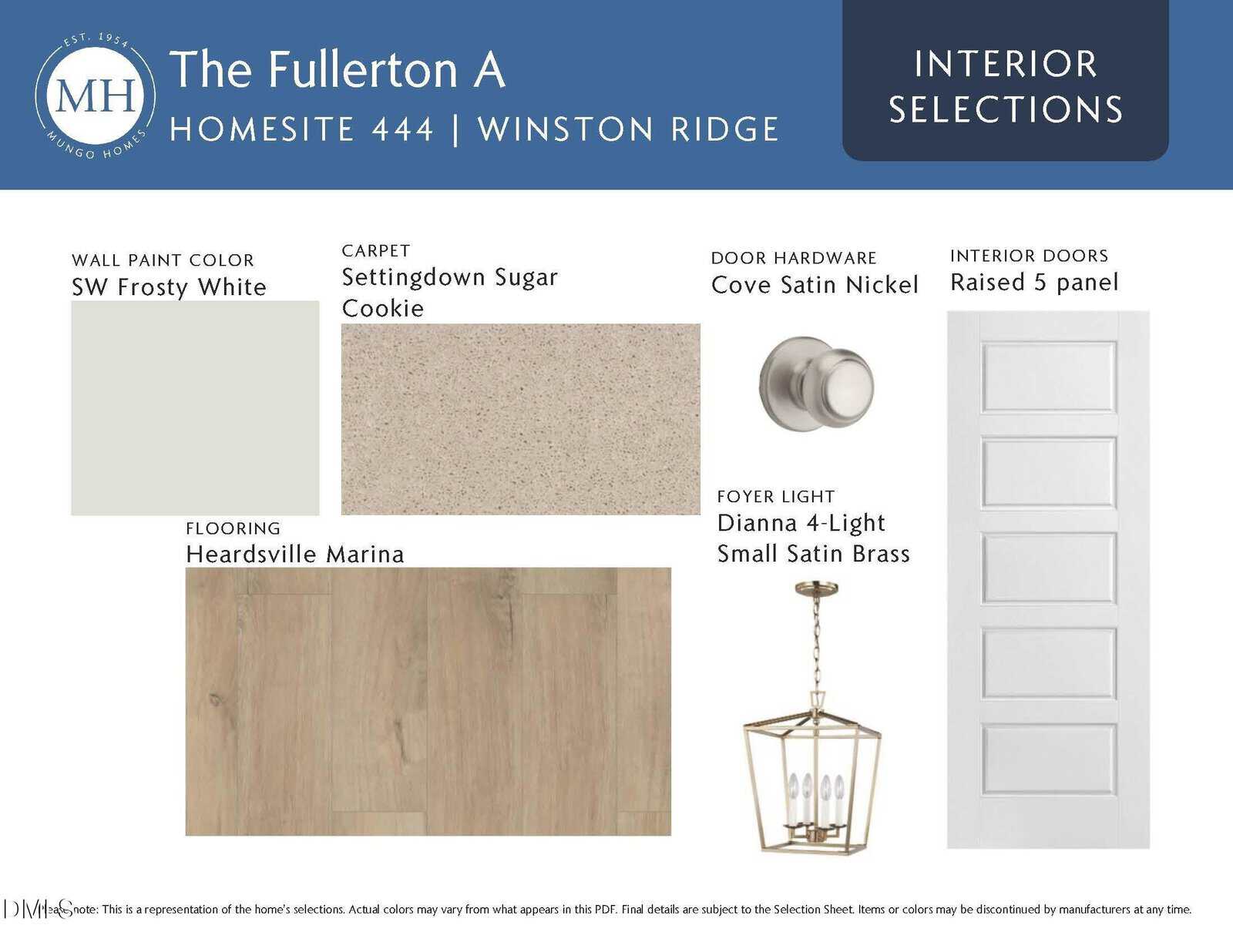 Interior selection board for The Fullerton A at Winston Ridge, showing SW Frosty White wall paint, Settingdown Sugar Cookie carpet, Heardsville Marina flooring, Cove Satin Nickel door hardware, and Raised 5 panel interior doors.