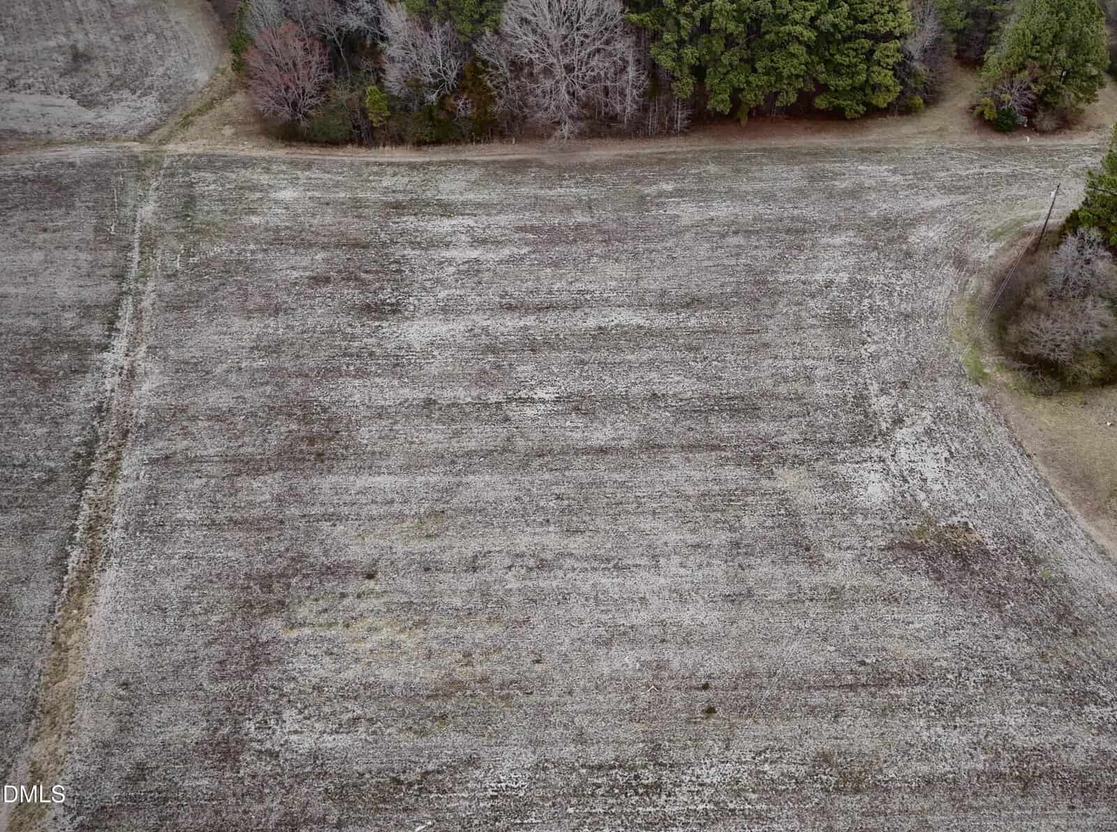 Aerial view of a large, barren field bordered by trees and a dirt road, with sparse grass and patches of bare soil visible across the landscape.