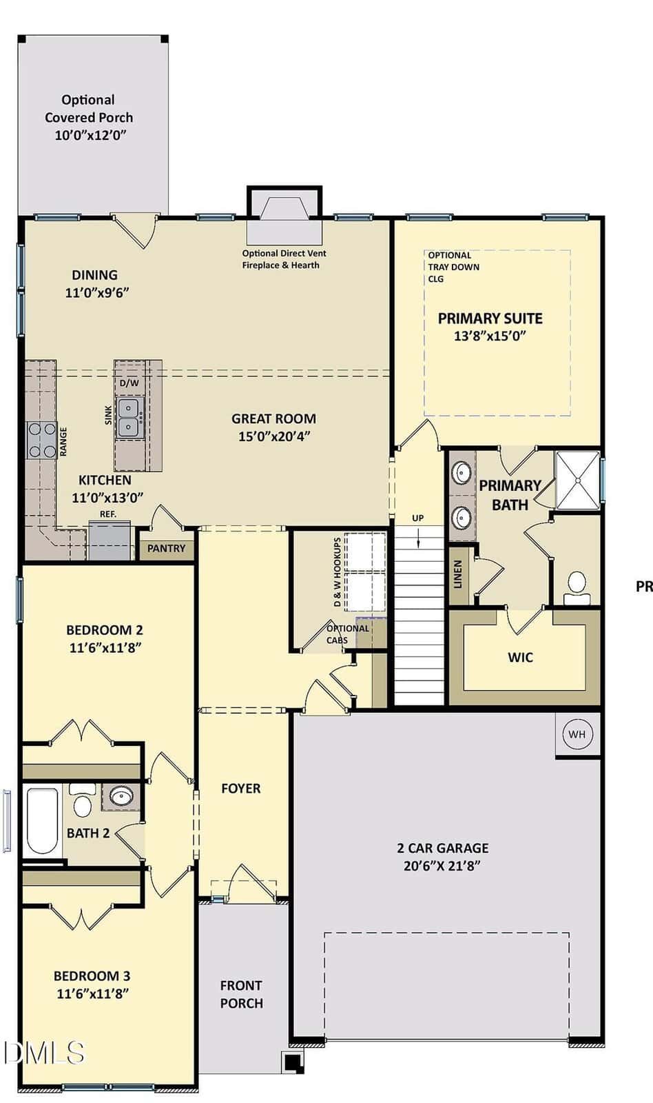 Floor plan of a single-story house showing a 2-car garage, foyer, great room, kitchen, dining area, two bedrooms, two bathrooms, pantry, walk-in closet, laundry area, and optional covered porch.