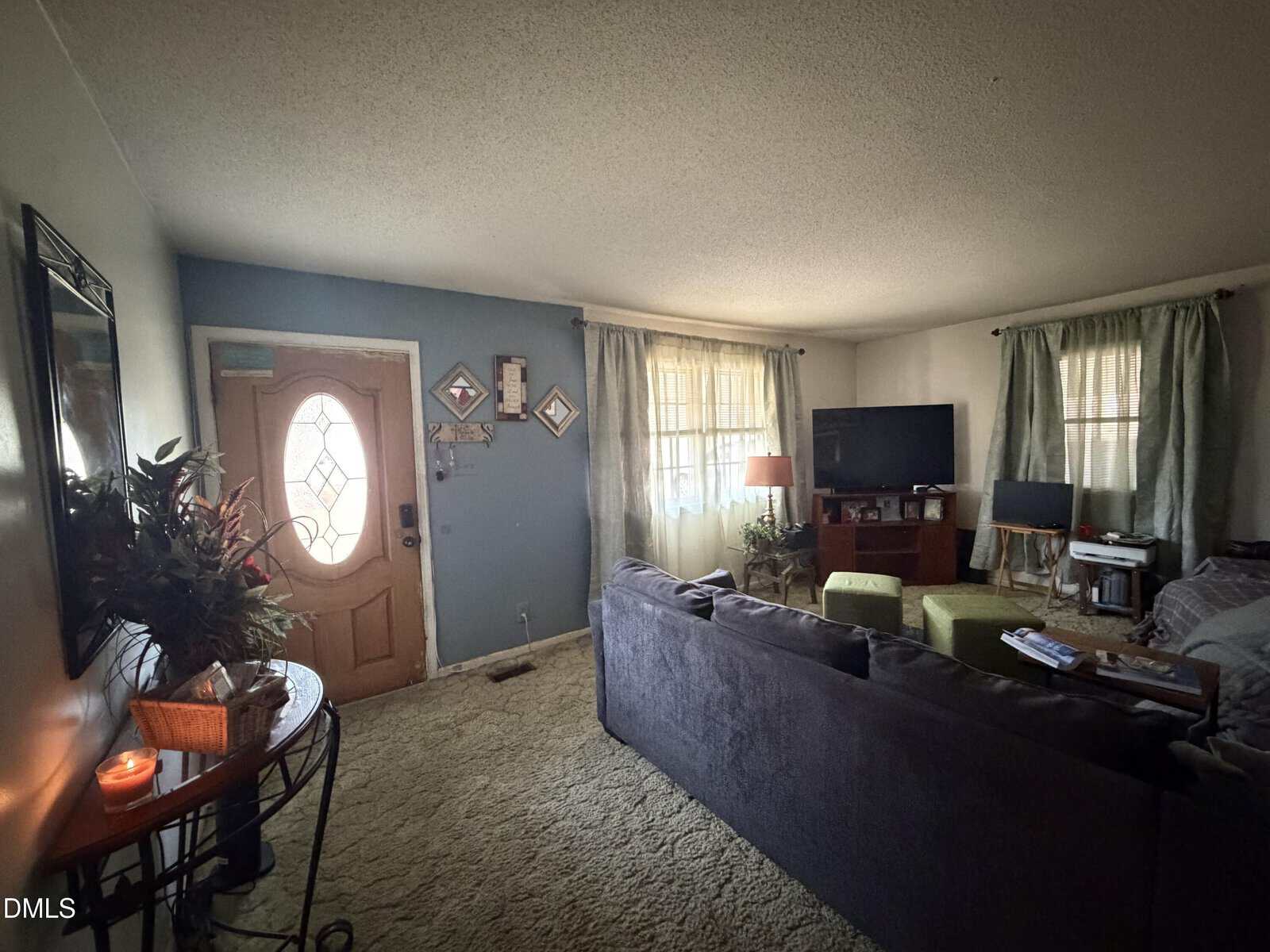 Living room with a brown front door, sectional sofa, TV on a stand, two windows with green curtains, a console table with plants and candles, and carpeted floor. Walls are painted blue and white.