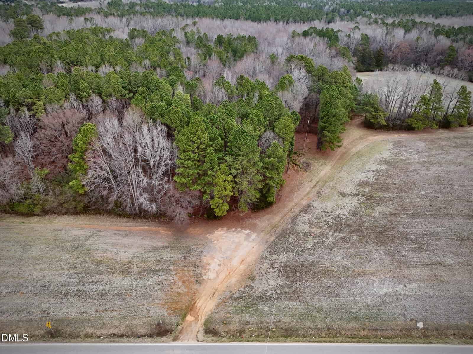 A dirt path leads from a paved road into Lot 2 W River Road, Franklinton, winding through green pines and leafless trees, bordered by an open grassy field. Dense forest under an overcast sky forms the background.