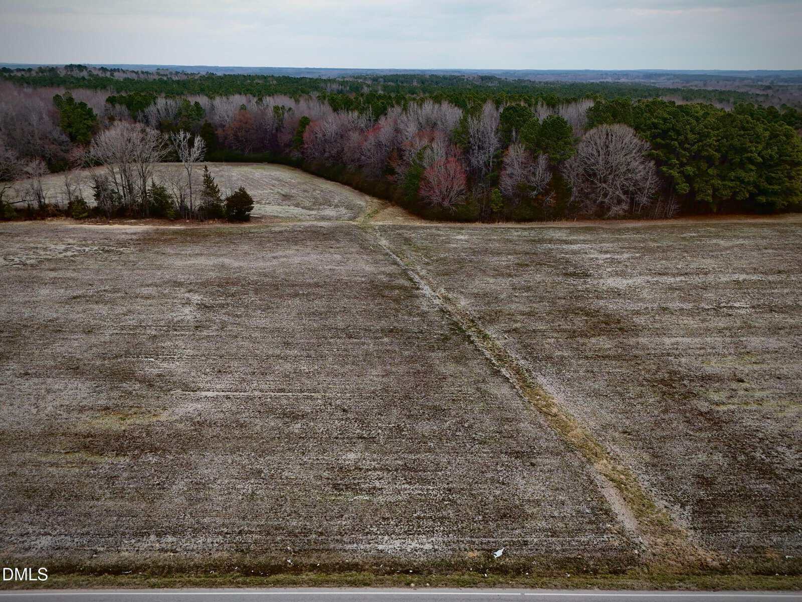 A wide, flat field with sparse grass stretches toward a treeline in the distance under an overcast sky. A narrow, worn path runs from the foreground to the trees. The season appears to be late fall or winter.