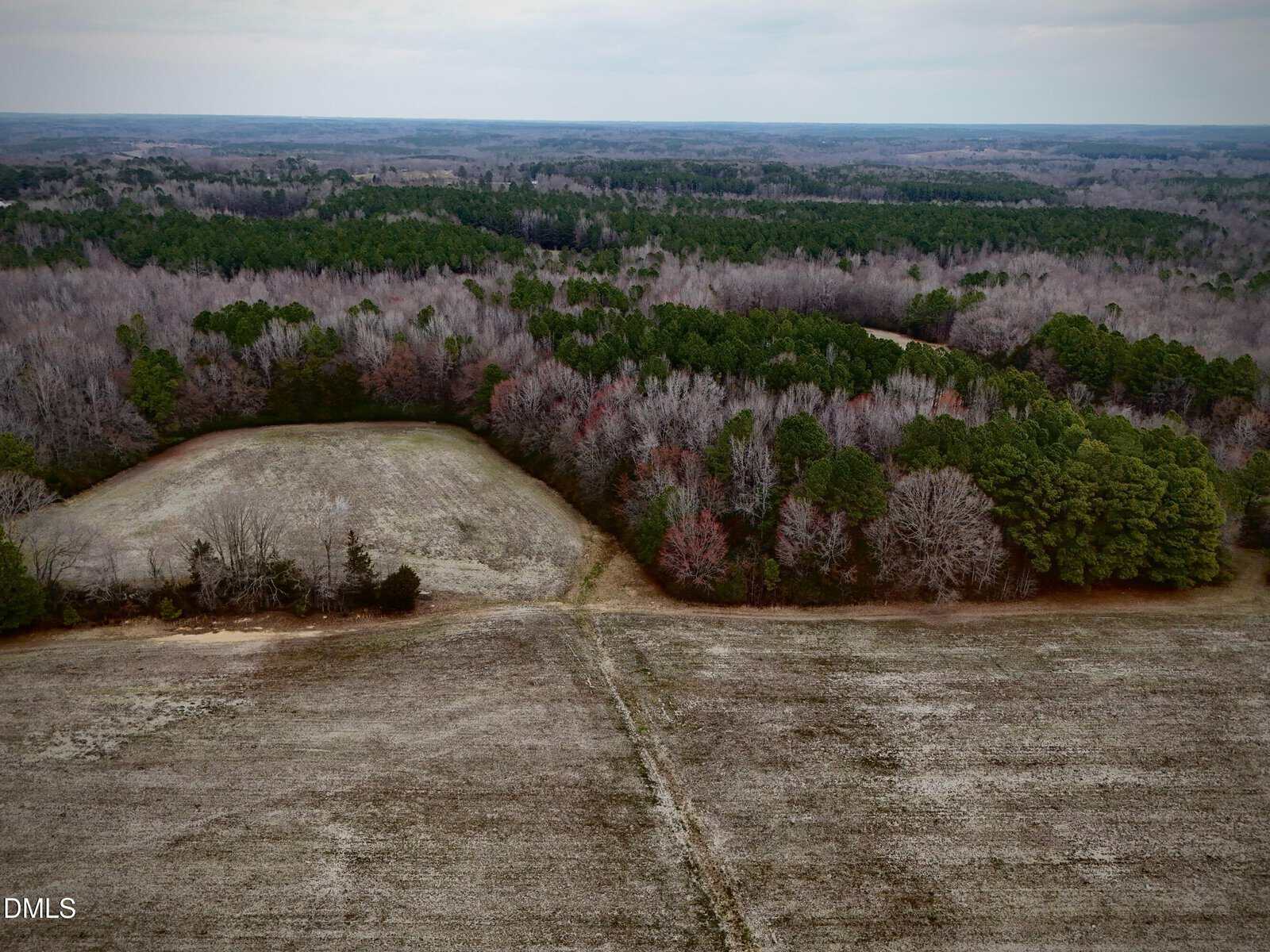Aerial view of a rural landscape with open, frost-covered fields in the foreground and dense clusters of trees, some evergreen and some leafless, stretching into the distance under a cloudy sky.