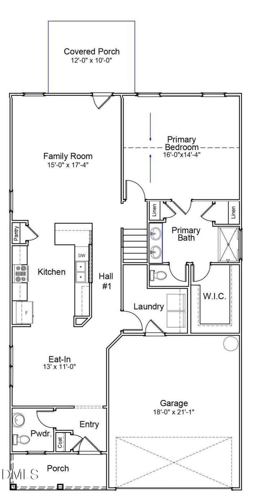 Floor plan for a single-story home shows a garage, entry, and porch at front; kitchen, eat-in area, family room, covered porch, laundry, primary bath, primary bedroom with W.I.C., hall, and powder room. Dimensions are labeled.