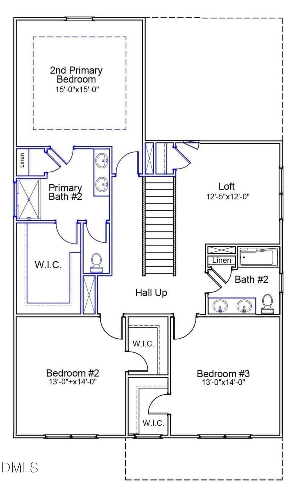 Second floor plan with four bedrooms, three baths, a loft, linen closets, walk-in closets (W.I.C.), and central stairs connecting the hall. Room dimensions and layout are clearly labeled.
