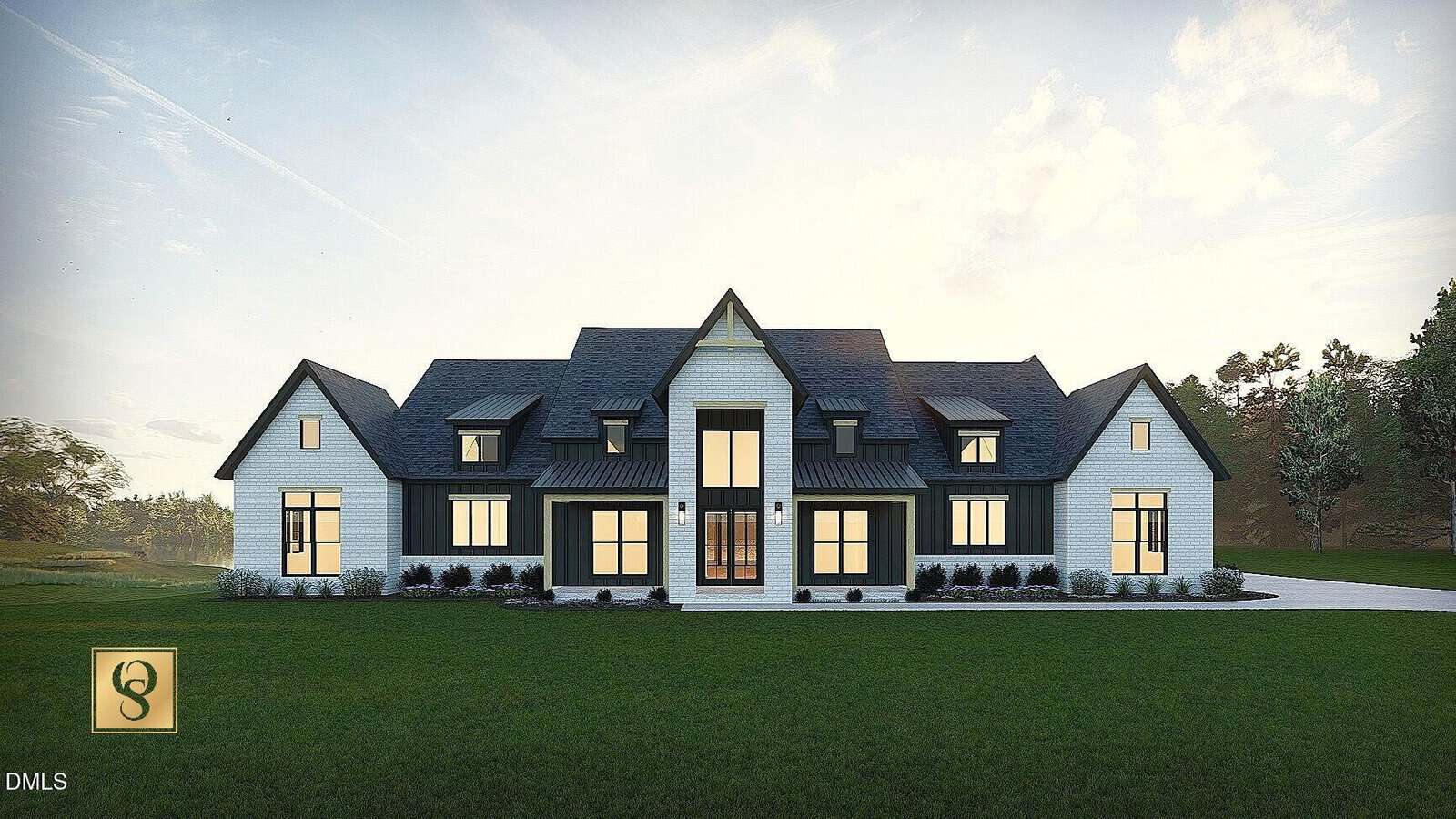 A large modern house at 15 Sourwood Court, Youngsville, features multiple peaked roofs, expansive windows glowing with warm indoor light, and a wide green lawn stretching out in front. The sky is partly cloudy with soft sunlight illuminating the elegant scene in the background.