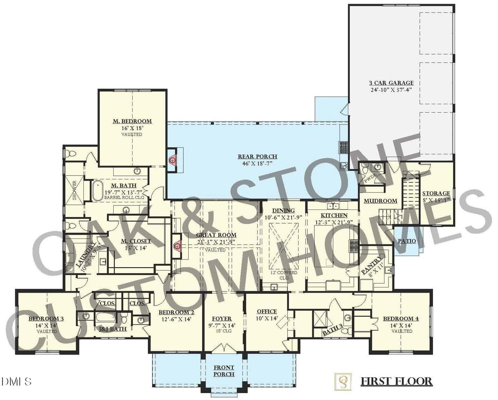 First floor house plan with labeled rooms, including three bedrooms, office, dining, kitchen, mudroom, storage, 3-car garage, rear porch, front porch, and patio. Large watermark reads “OAK & STONE CUSTOM HOMES.”.