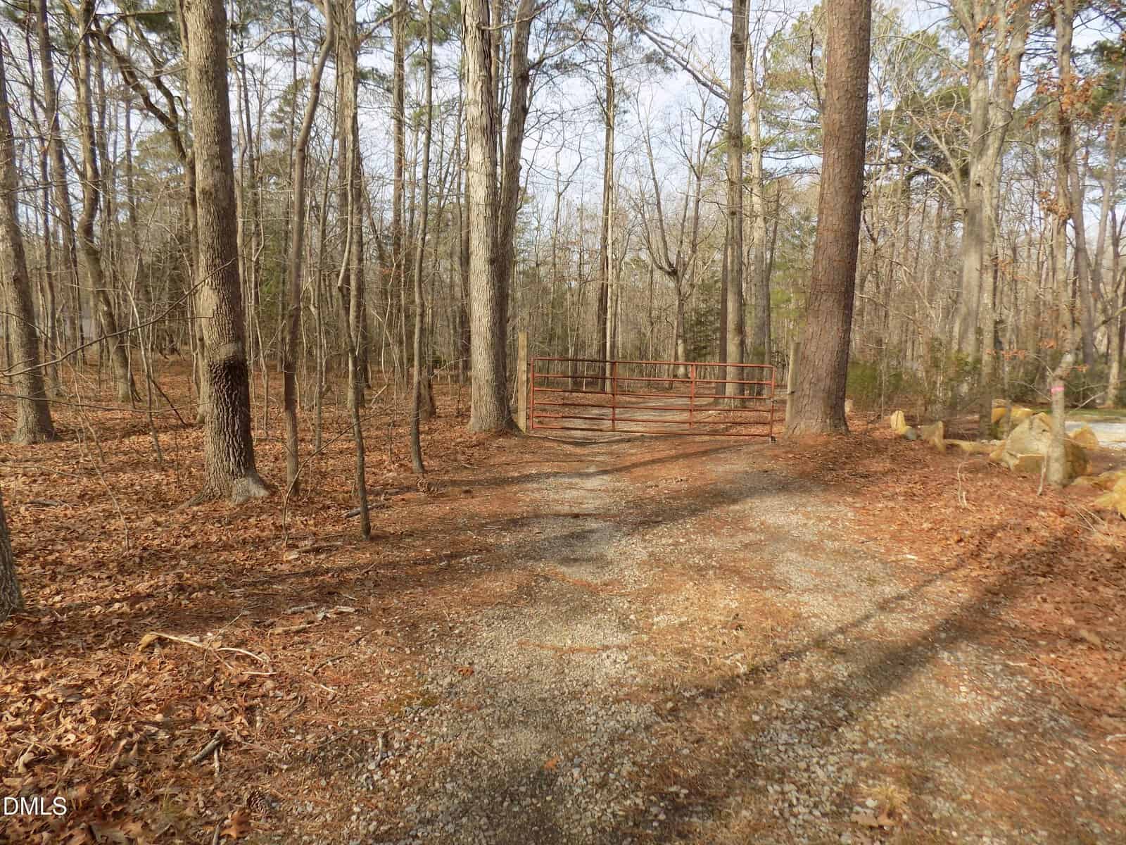 A gravel path leads through a wooded area with bare trees, ending at a closed metal gate. Fallen leaves cover the ground, and rocks are visible on the right side of the gate.