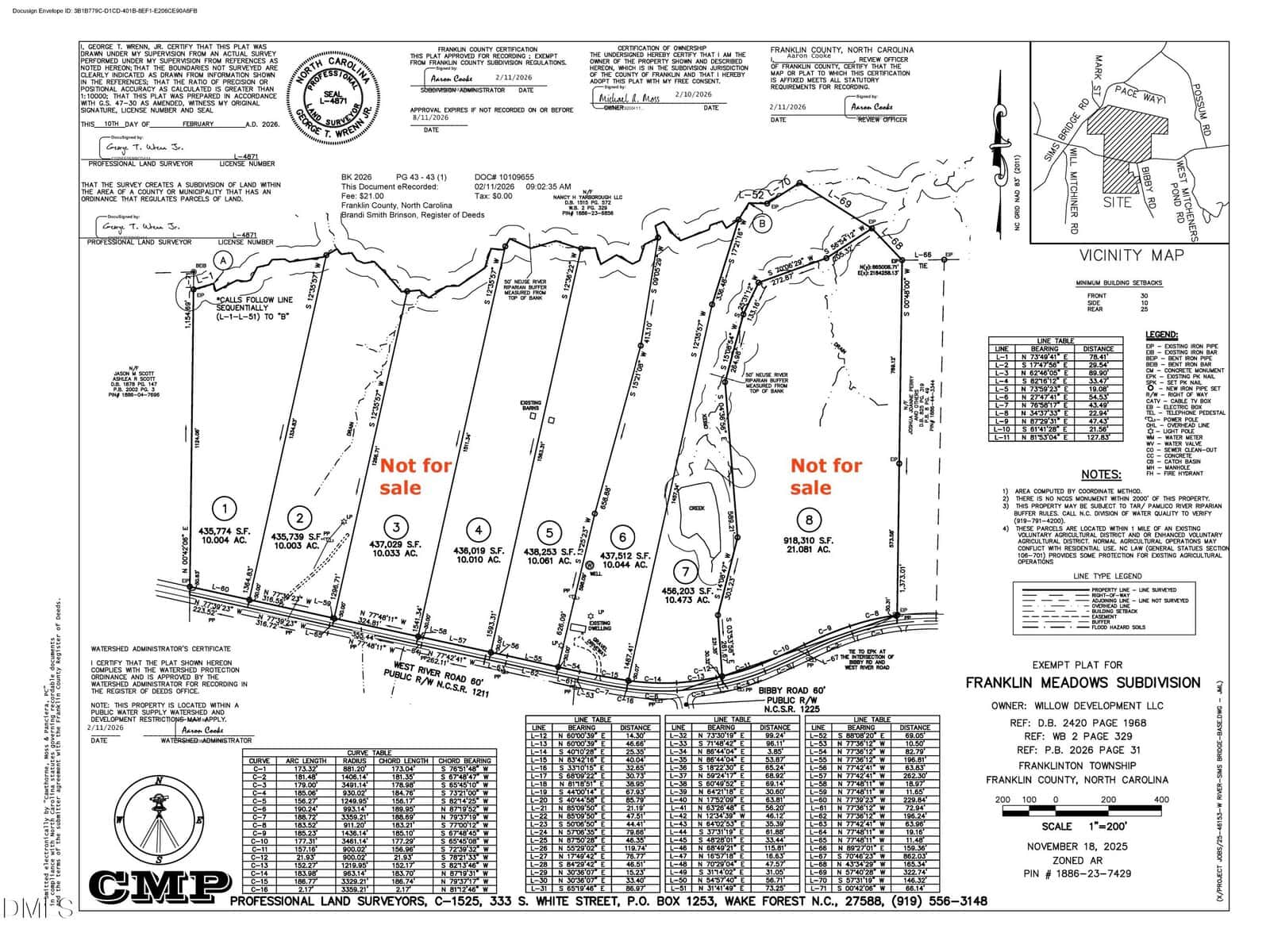 Engineering site plan of Franklin Meadows Subdivision showing several lots, boundaries, and details. Two lots are labeled “Not for sale.” Includes tables, notes, vicinity map, and surveyor information. Black and white blueprint style.