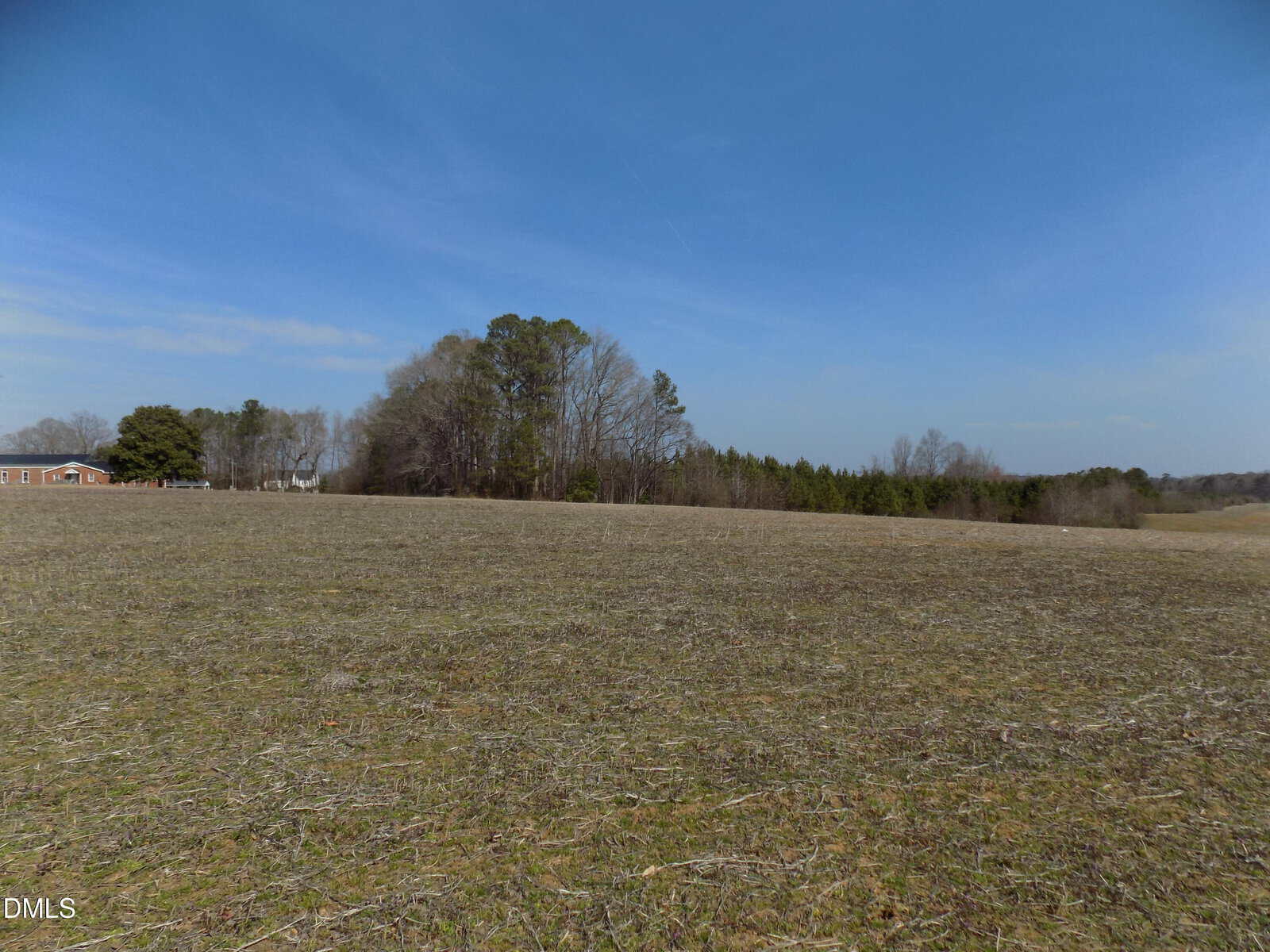 Open field with short grass and sparse vegetation under a clear blue sky. Trees and a brick house are visible near the horizon on the left side of the image.