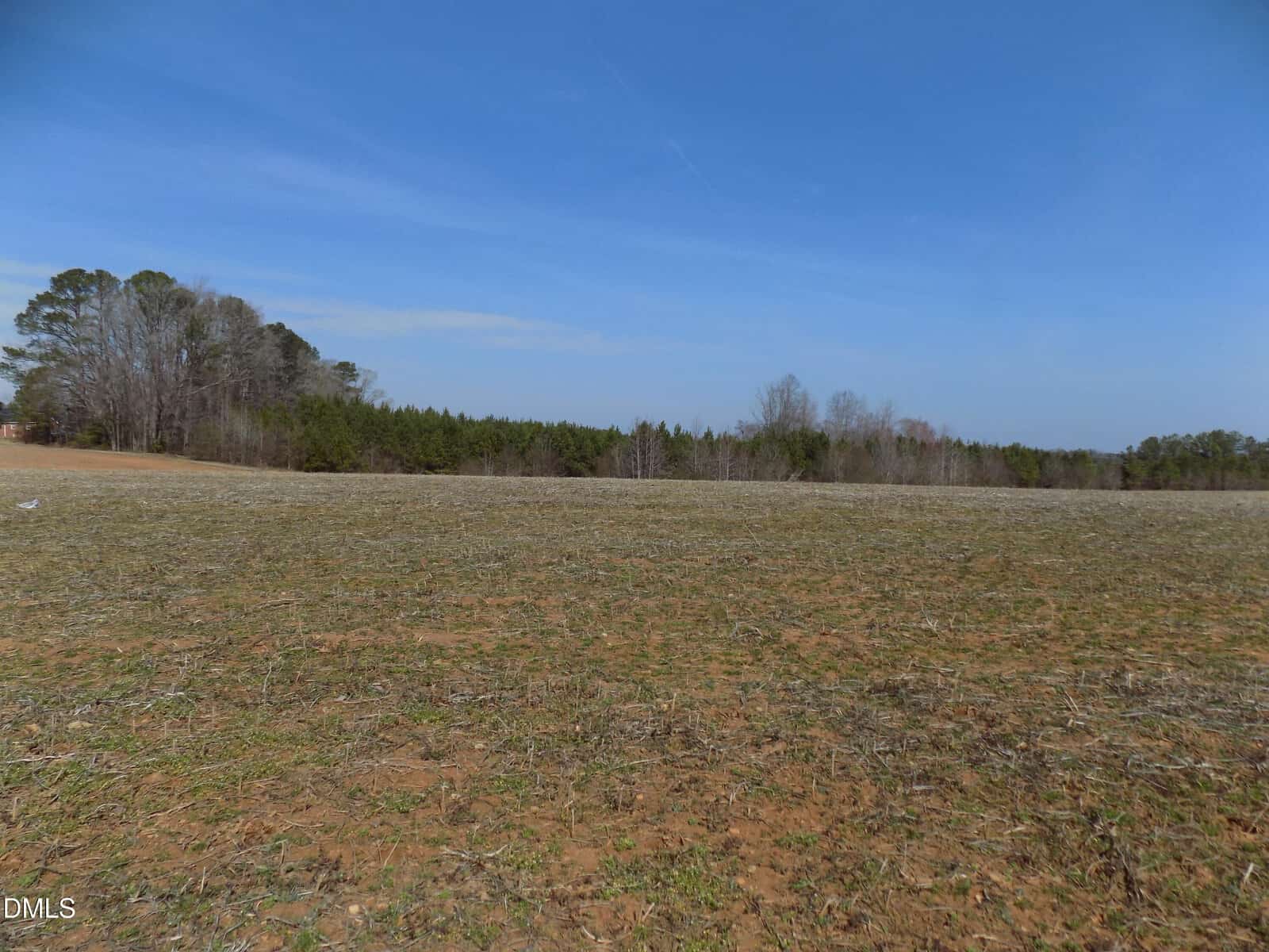 A wide, open field with sparse grass and patches of bare soil under a clear blue sky. Trees border the field in the background, and there are no buildings or people visible.