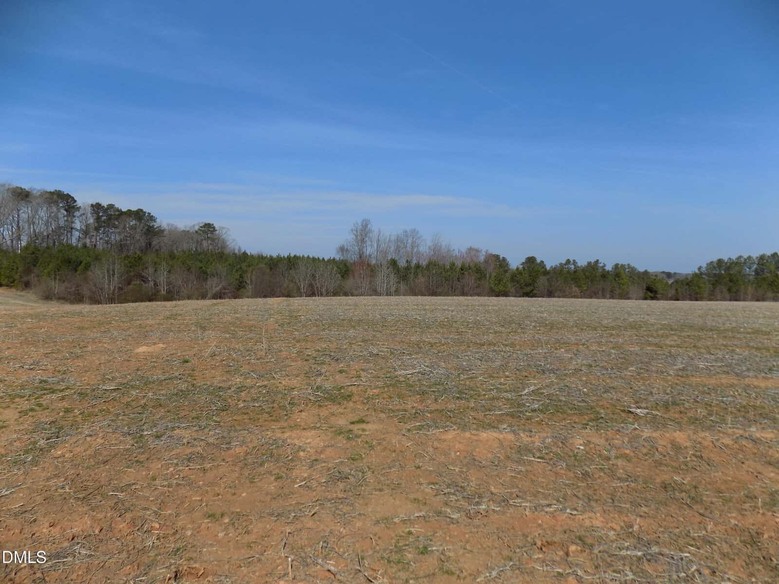 A large, mostly flat field with dry, patchy soil and sparse vegetation. The field is bordered by a line of trees in the distance under a clear blue sky.