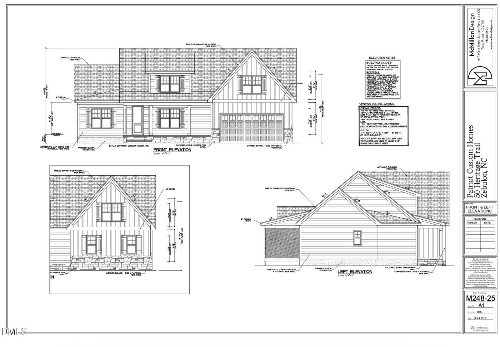 Architectural blueprint showing front, left, and right elevations of a two-story house with a gable roof, front porch, garage, and detailed measurements. Title block on right lists designer and project info.