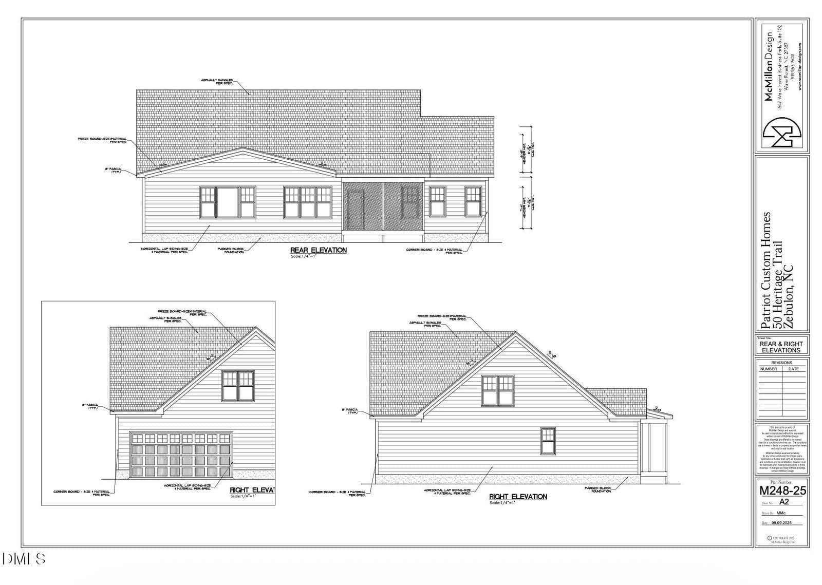 Black and white architectural drawing showing front, rear, and side elevations of a single-story house with a gabled roof, porch, and attached two-car garage. Technical notes and measurements are labeled throughout.