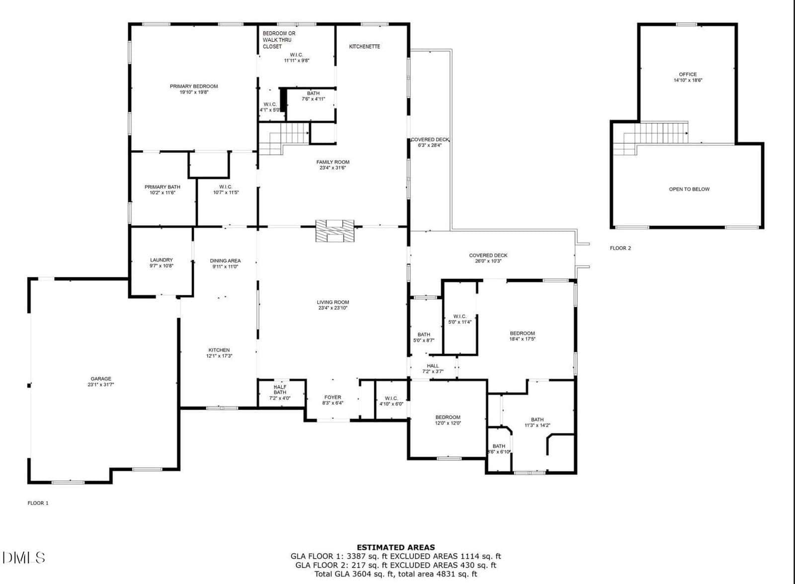 Black and white floor plan of a single-story house with labeled rooms, including four bedrooms, a family room, kitchen, dining room, office, laundry, covered deck, and a large garage. Estimated total area is provided at the bottom.