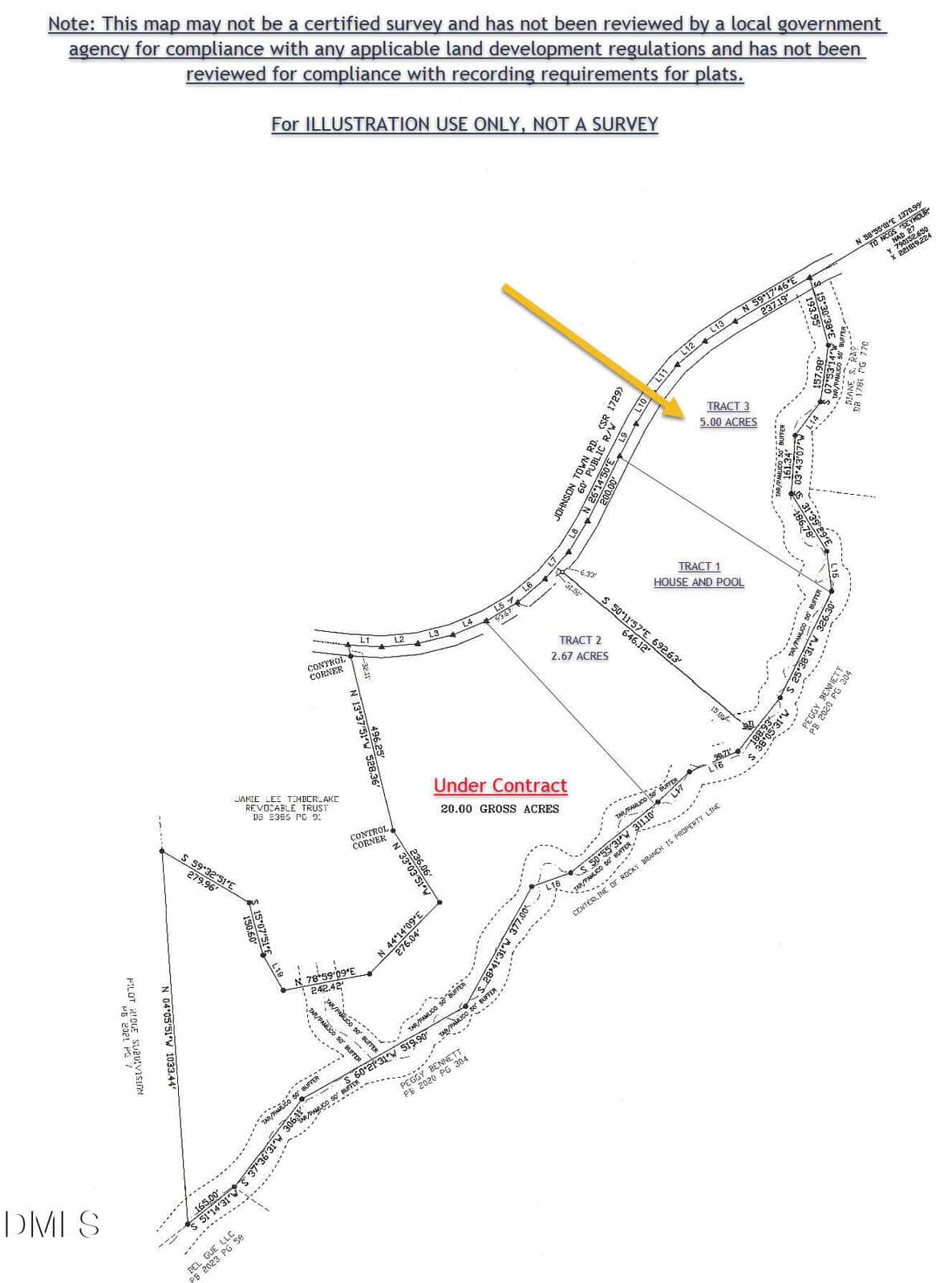 Map showing 3 land tracts, labeled with acreage. Yellow arrow points to Tract 3 (5.02 acres). Tract 2 states “UNDER CONTRACT” (20.09 acres). Not a certified survey. Includes property lines, roads, and creek.