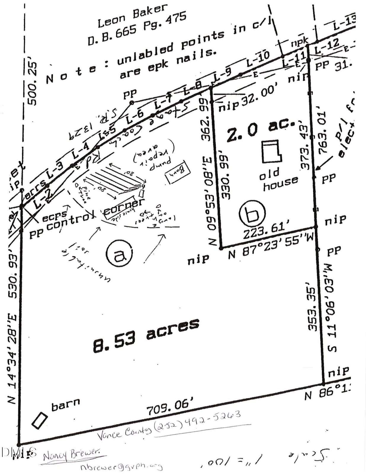 A black and white land survey map showing a 2-acre plot with an old house and a larger adjacent 8.53-acre plot with a barn, labeled lot boundaries, measurements, and various survey markings. Contact info is noted at the bottom.