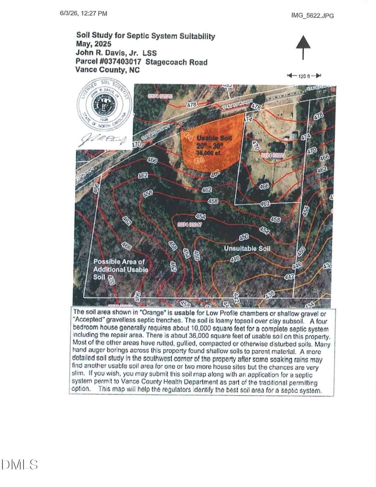 A soil study map showing areas marked as "Usable Soil," "Unsuitable Soil," and a "Possible Area of Additional Usable Soil" for septic system suitability in Vance County, NC, with property boundaries and a detailed legend.