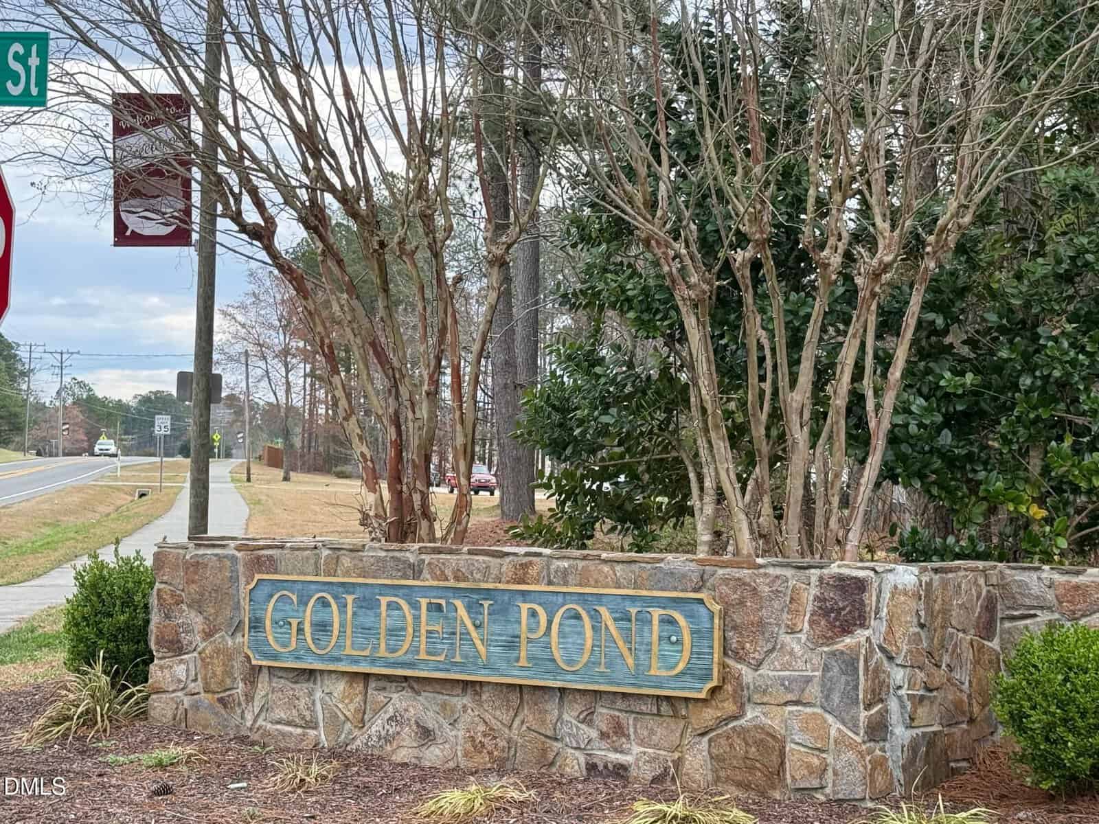A stone sign with the words "GOLDEN POND" stands by a roadside, surrounded by small shrubs and leafless trees, with a street and sidewalk visible in the background.