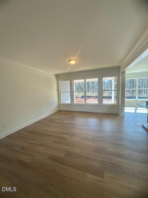 Unfurnished room with light wood flooring, white walls, a ceiling light, and large windows letting in natural light. A wooded area is visible outside through the windows.