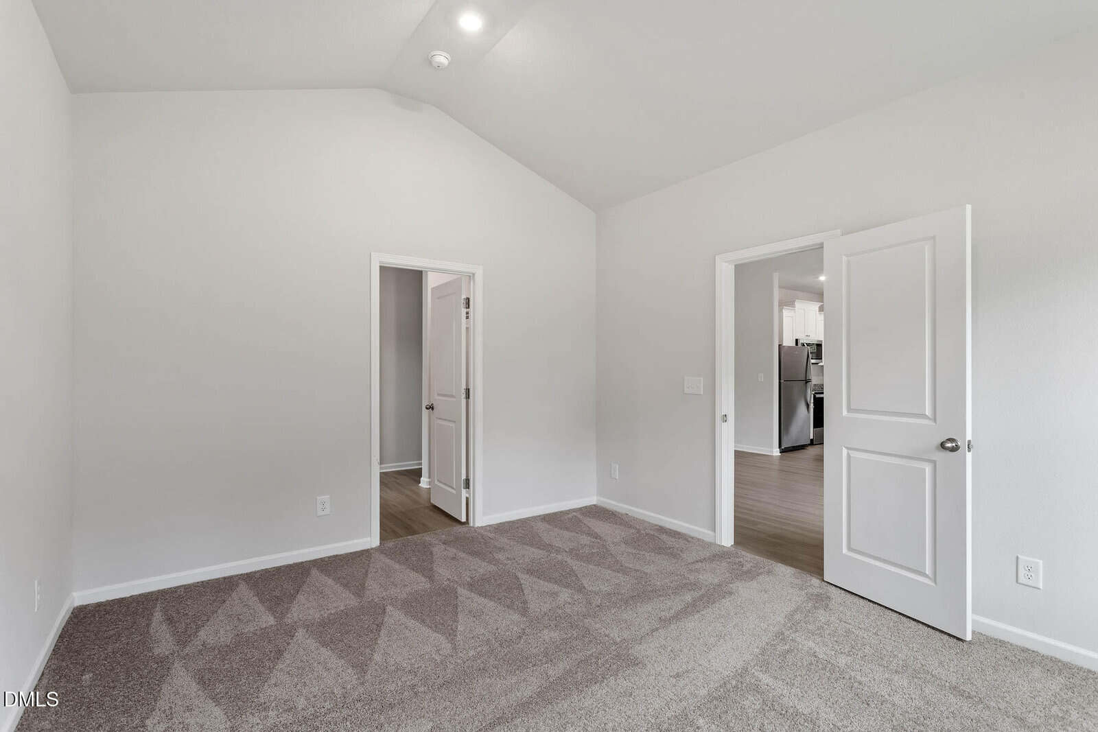 Empty room with light gray carpet, white walls, and two white doors—one open to a hallway with wood flooring, the other to a smaller adjacent room. Ceiling is vaulted with a single light fixture.