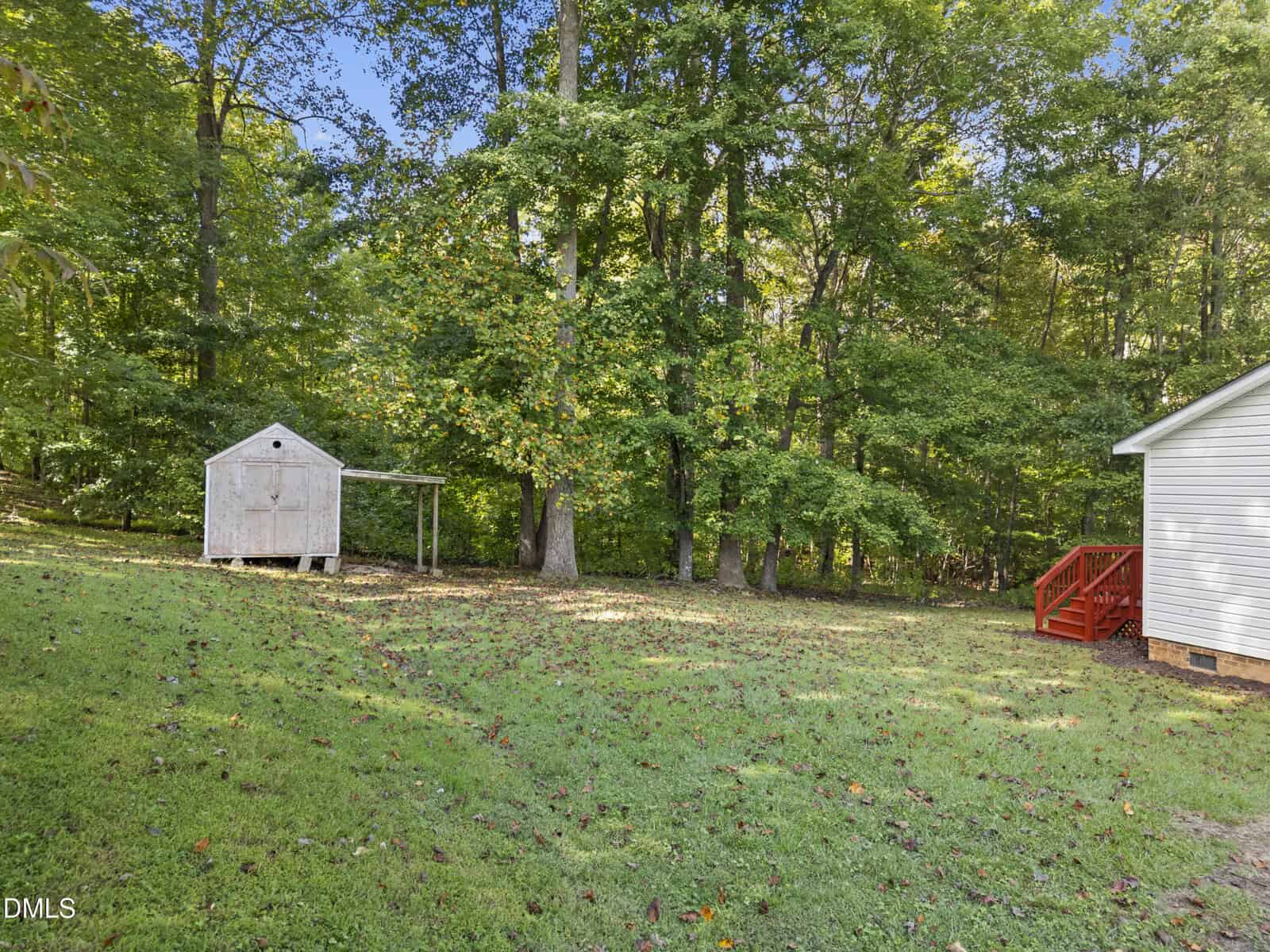 A grassy backyard with a small white shed on the left, surrounded by tall green trees. On the right, part of a white house with red steps is visible. Leaves are scattered across the lawn.